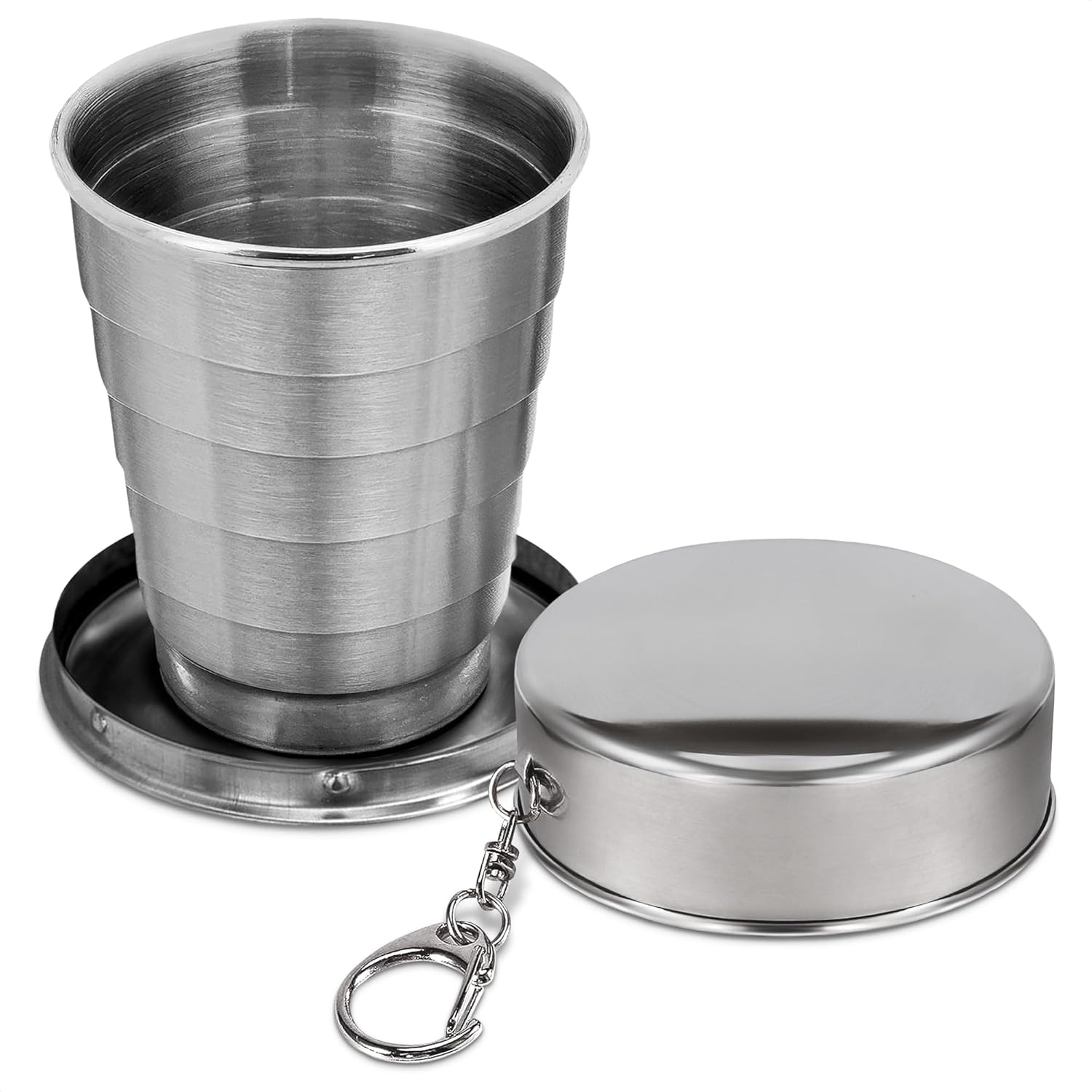 FoldyCup: Stainless Steel Folding Travel Cup with Leak-Proof Lid, Compact & Collapsible Pocket Mug for Camping, Hiking, Trekking & Outdoor Use (75ml)
