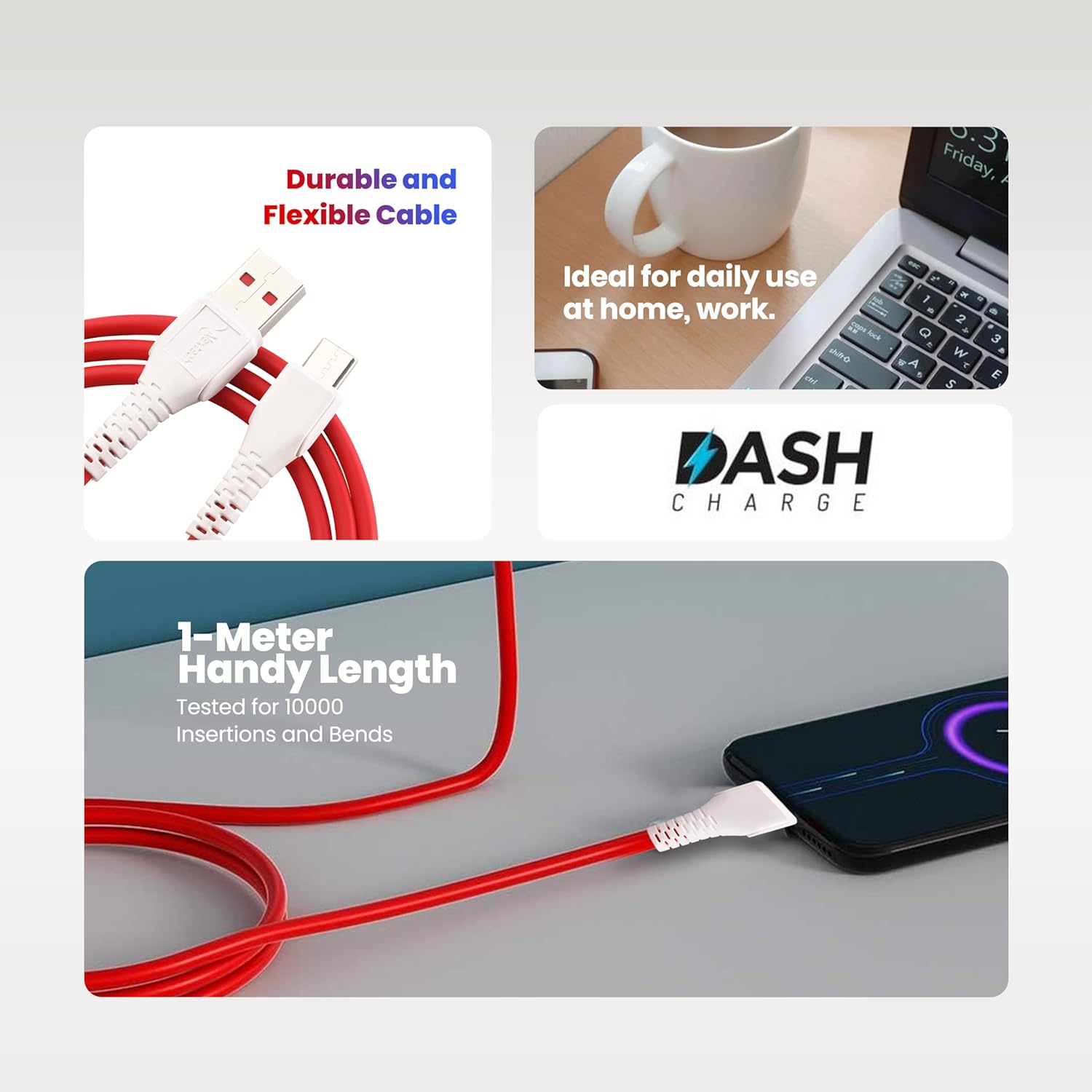 Nextech USB A to USB-C 65W Super VOOC/Dash Sync & Charge Cable compatiable with Samsung, Realme, Oppo & other Smartphones, Tablets & Type C devices (1 Meter)