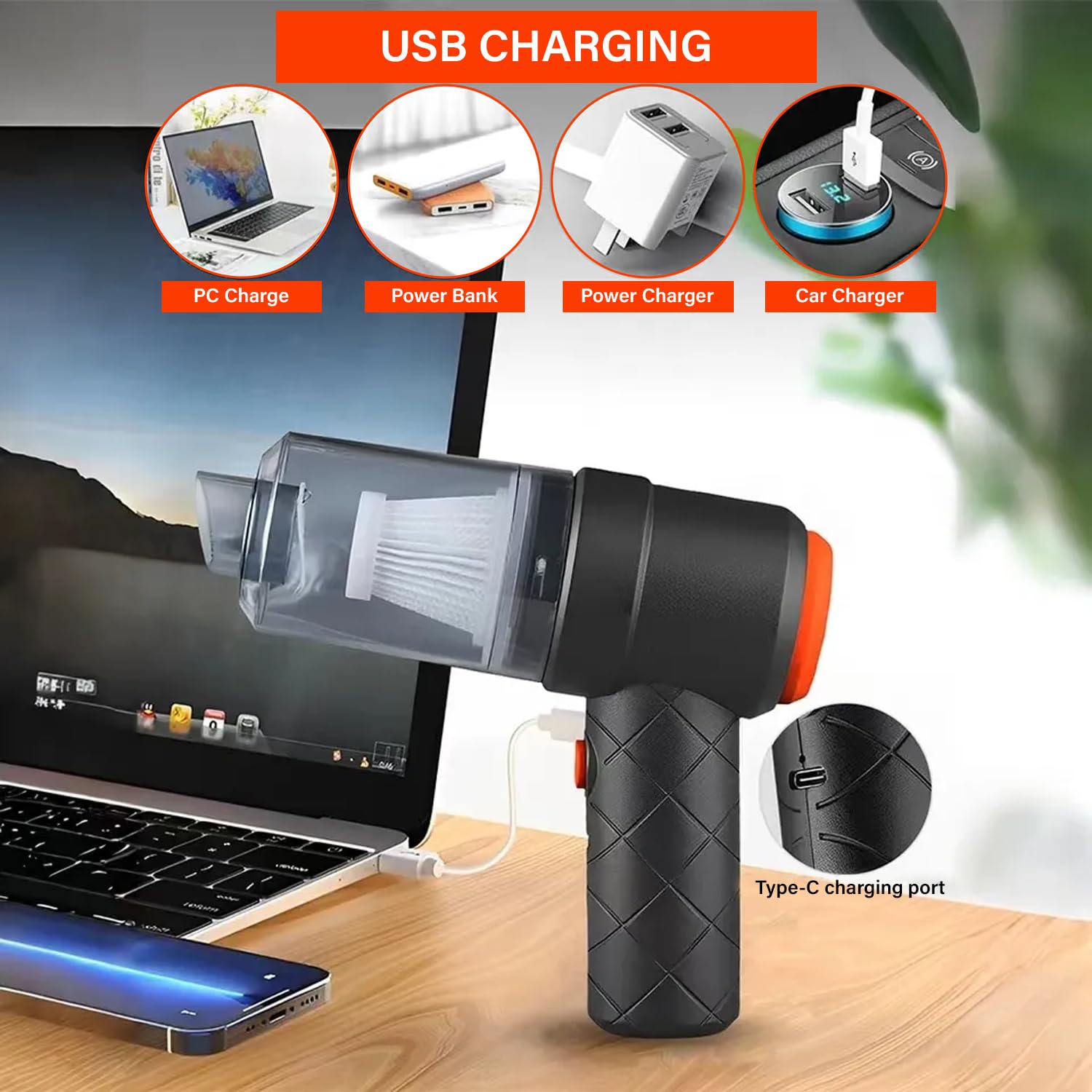 MiniVac: Type-C Rechargeable 2-in-1 Portable Vacuum Cleaner & Blower with Powerful Suction & 3 Nozzles for Car, Home & Office