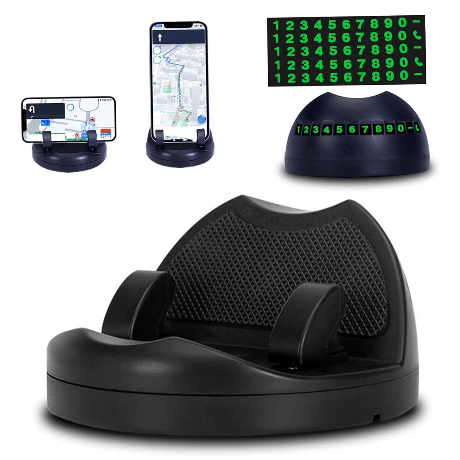 DashDock: Car Dashboard Phone Holder with Non-Slip Base, Anti-Fall Mount with Built-In Parking Number Display & Passive Speaker Amplifier for Hands-Free Driving