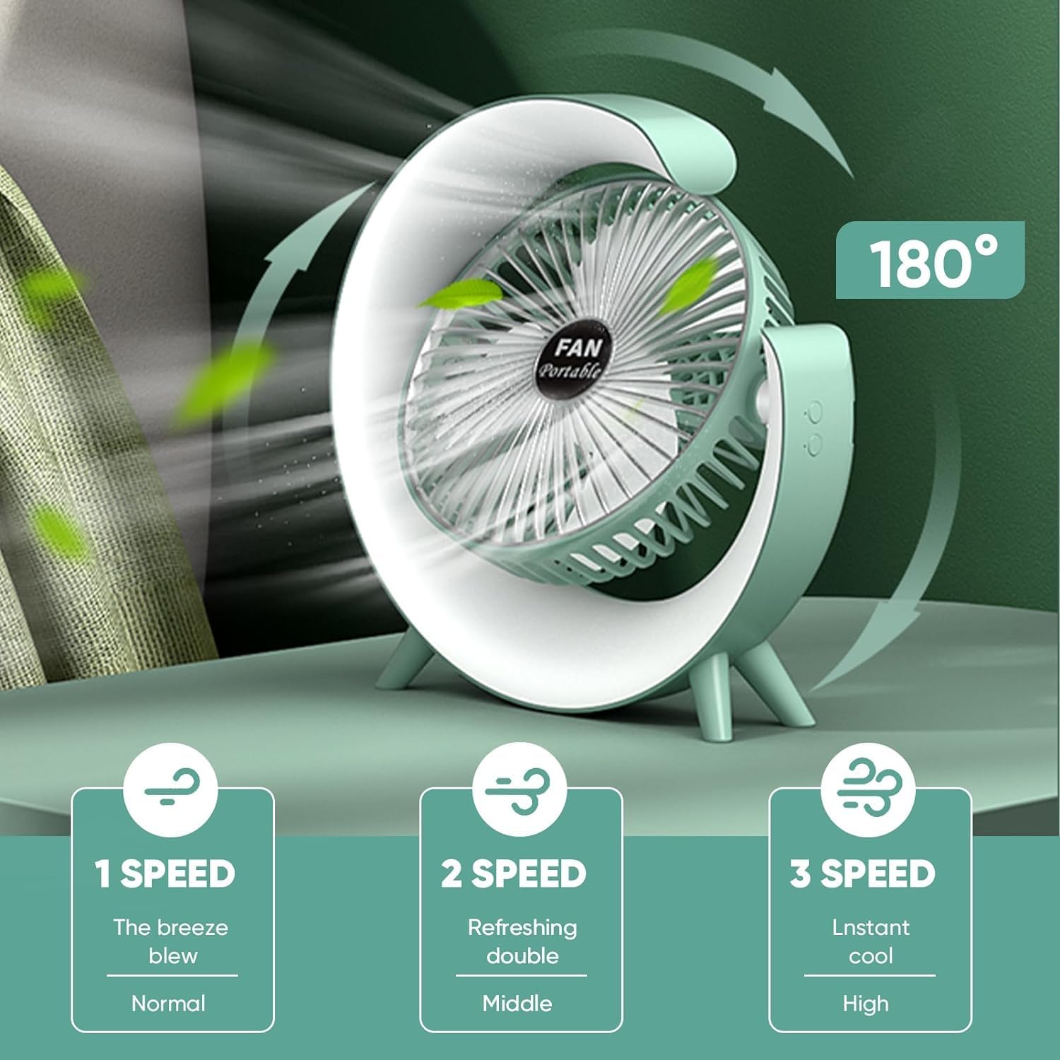 GFan: RGB LED Rechargeable Desk Fan with 3 Speeds – 180° Adjustable, USB Charging & 4-Hour Backup for Table, Office & Travel Use