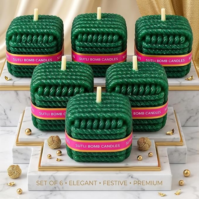 SutliPop: Sutli Bomb-Shaped Decorative Candles with Green Braided Rope Design, Festive Firecracker Style Candles for Diwali Décor, Celebrations & Gifting (Pack of 6)