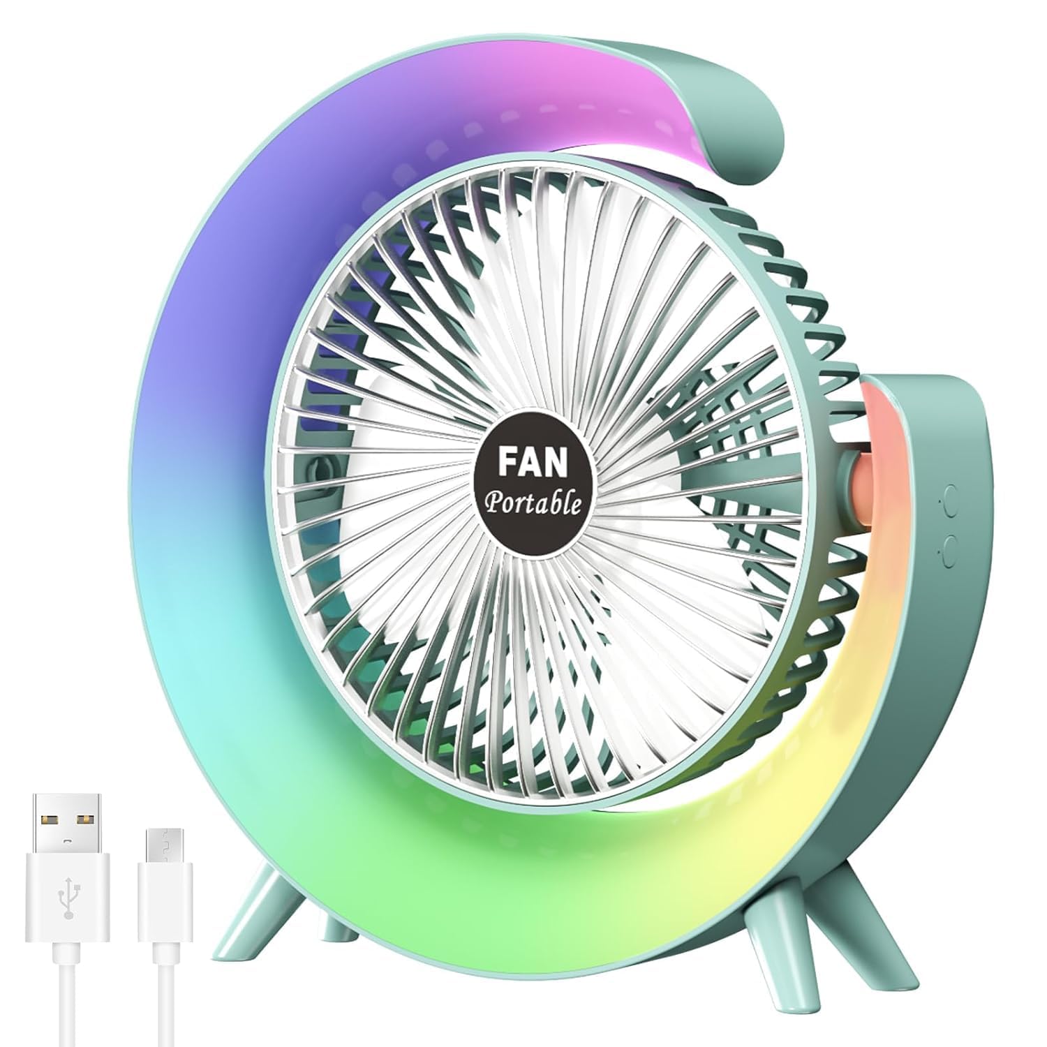 GFan: RGB LED Rechargeable Desk Fan with 3 Speeds – 180° Adjustable, USB Charging & 4-Hour Backup for Table, Office & Travel Use