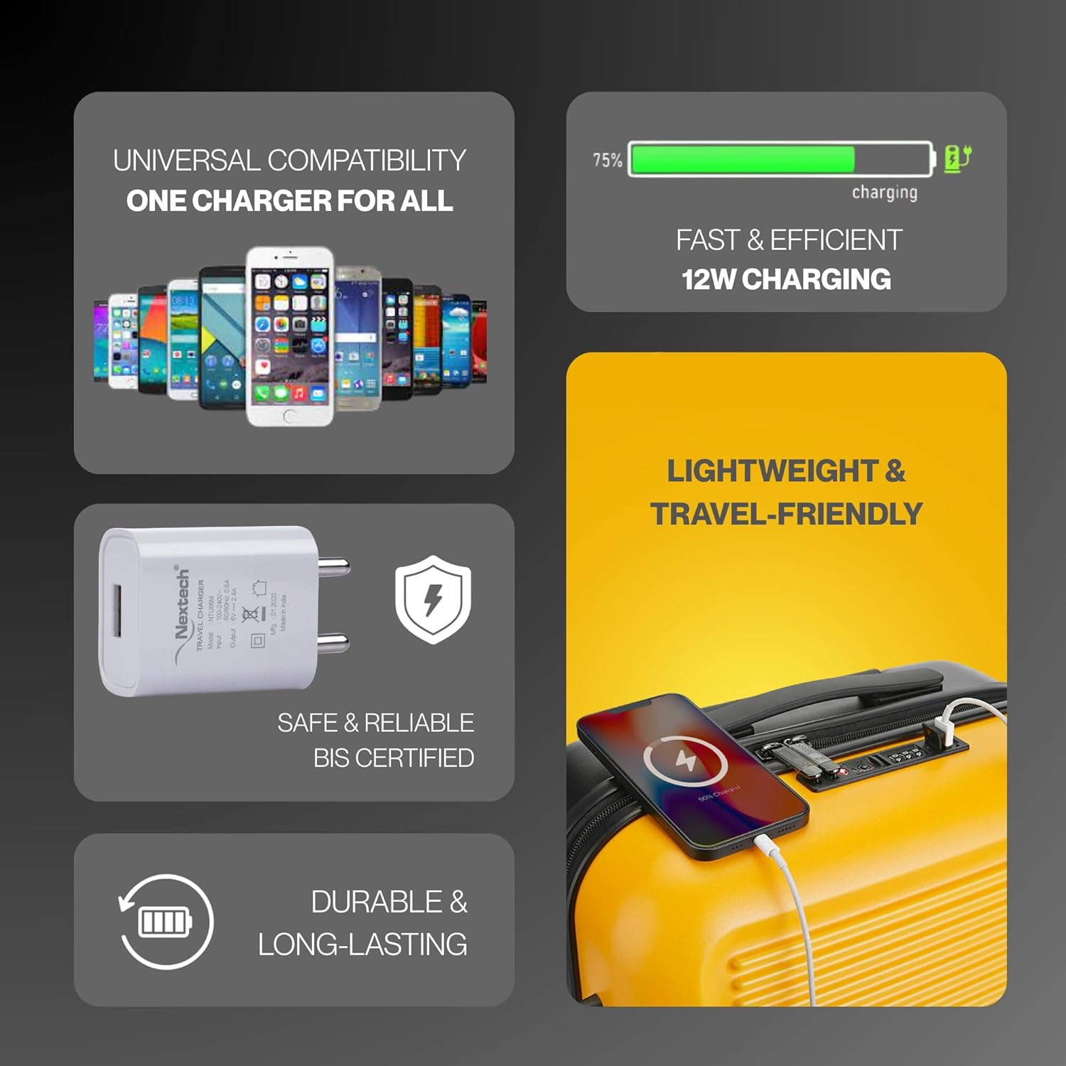 Nextech Nextech Single USB Travel Charger With USB-C Cable 2.4 A Mobile Charger with Detachable Cable (White)