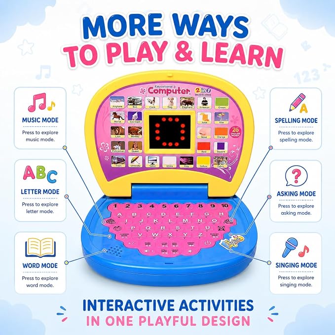 Kidemy: Interactive Educational Laptop Toy for Kids with LED Display, A–Z Alphabet, 1–10 Numbers, Spelling, Music & English-Chinese Learning Modes
