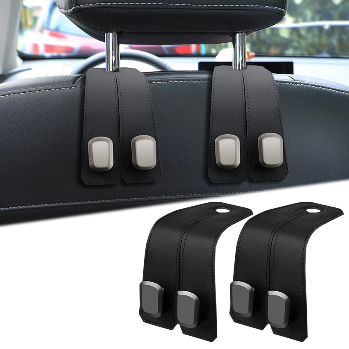 Hooksy: Universal Leather Car Headrest Hooks, Car Seat Back Organizer Hanger for Handbags, Purses, Shopping Bags, Backpacks & Accessories (Pack of 2)