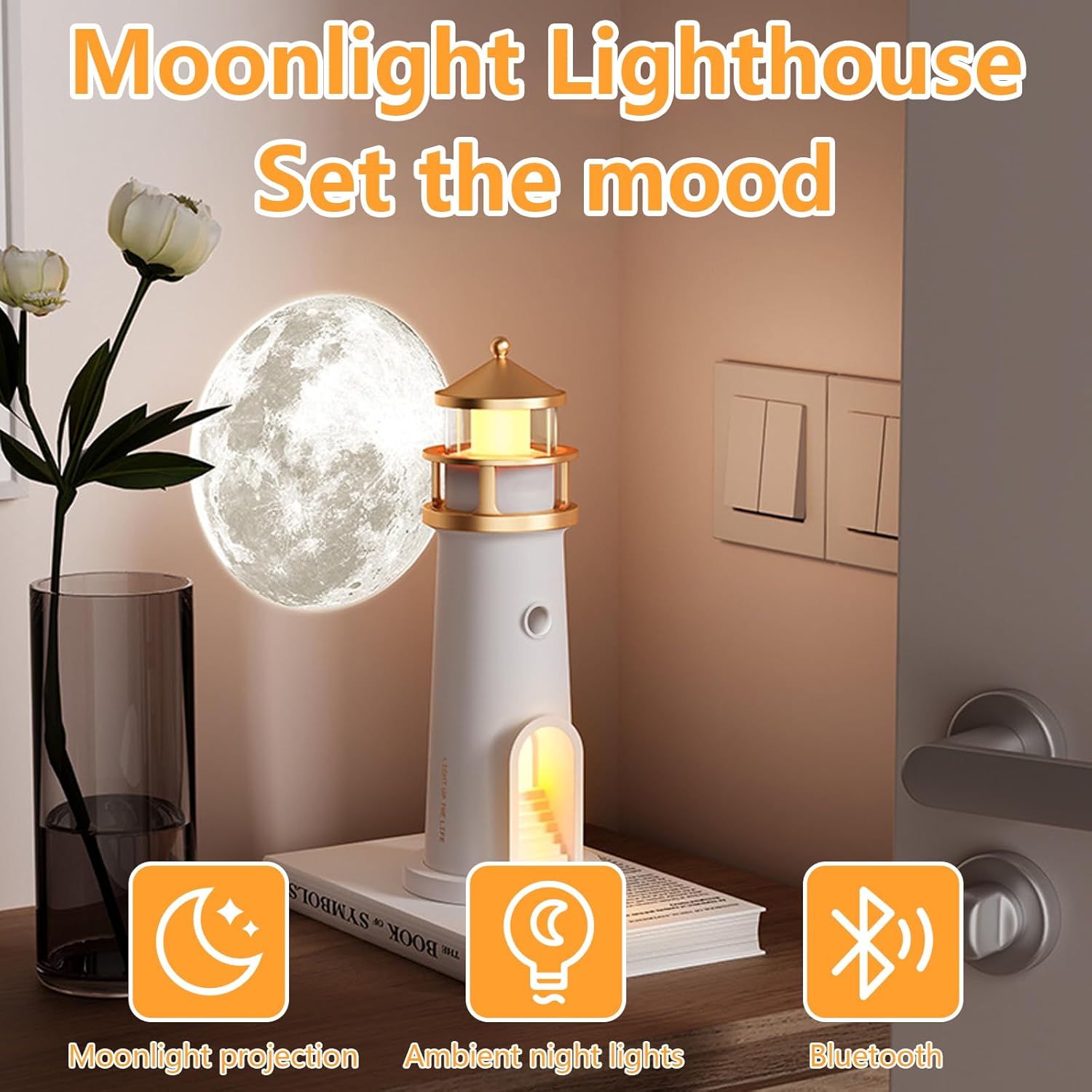 Beacon: Lighthouse Moonlight Projection Lamp with Bluetooth Speaker & Remote, Dimmable LED Night Light, Cute Moon Glow Table Lamp for Bedroom, Kids Room & Unique Gifting