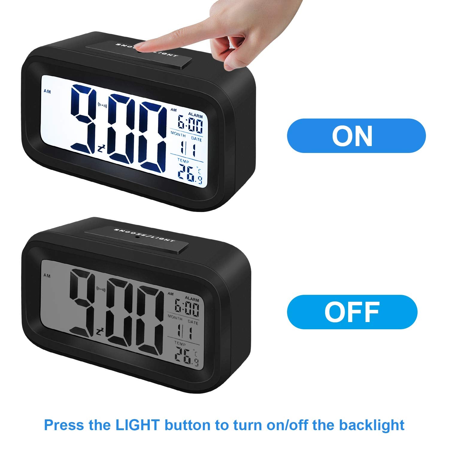 Snoozy: LCD Digital Alarm Clock with Multifunction Display, Large Screen Desk & Travel Clock with Snooze, Date, Temperature & Night Light