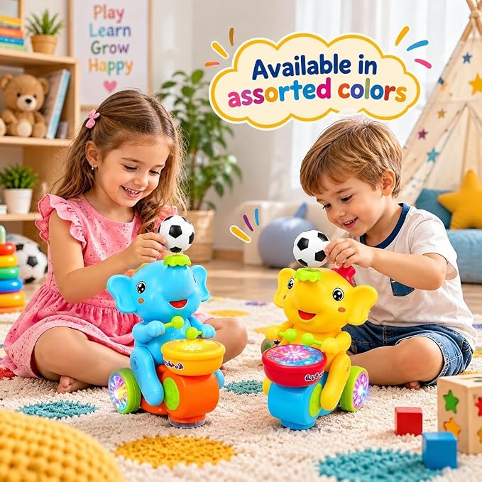Trunki: Interactive Musical Drumming Elephant Toy with Floating Ball, Mist Spray, Colourful LED Lights, Bump & Go Wheels & Type-C Rechargeable Battery