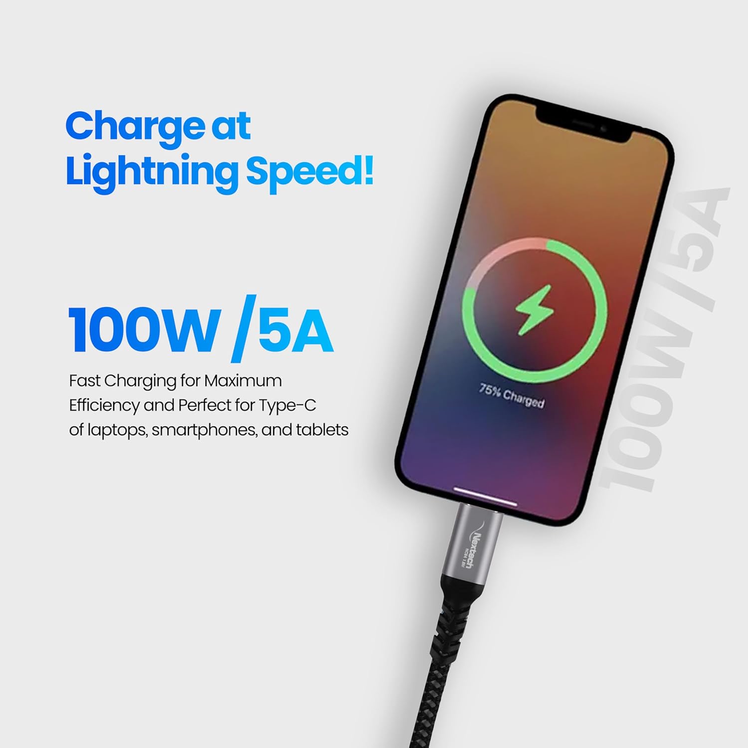 Nextech USB Type C to Type C 100W, Gen 2, 10gbps Braided Fast Sync & Charge Video Cable Compatiable with Laptops & Smartphones (1.8M)