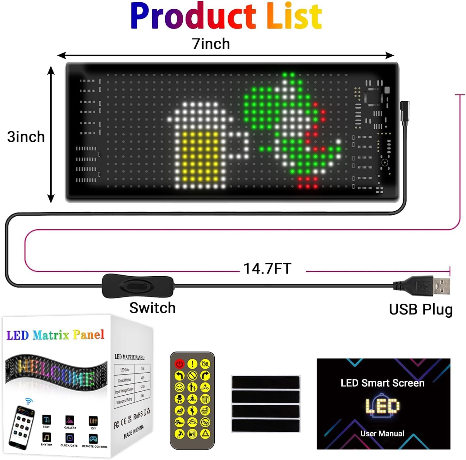 Pixy: RGB LED Matrix Display Panel with App & Remote Control, Flexible Pixel Sign Board for Cars, Rooms, Offices & Custom Scrolling Messages (7" × 3")
