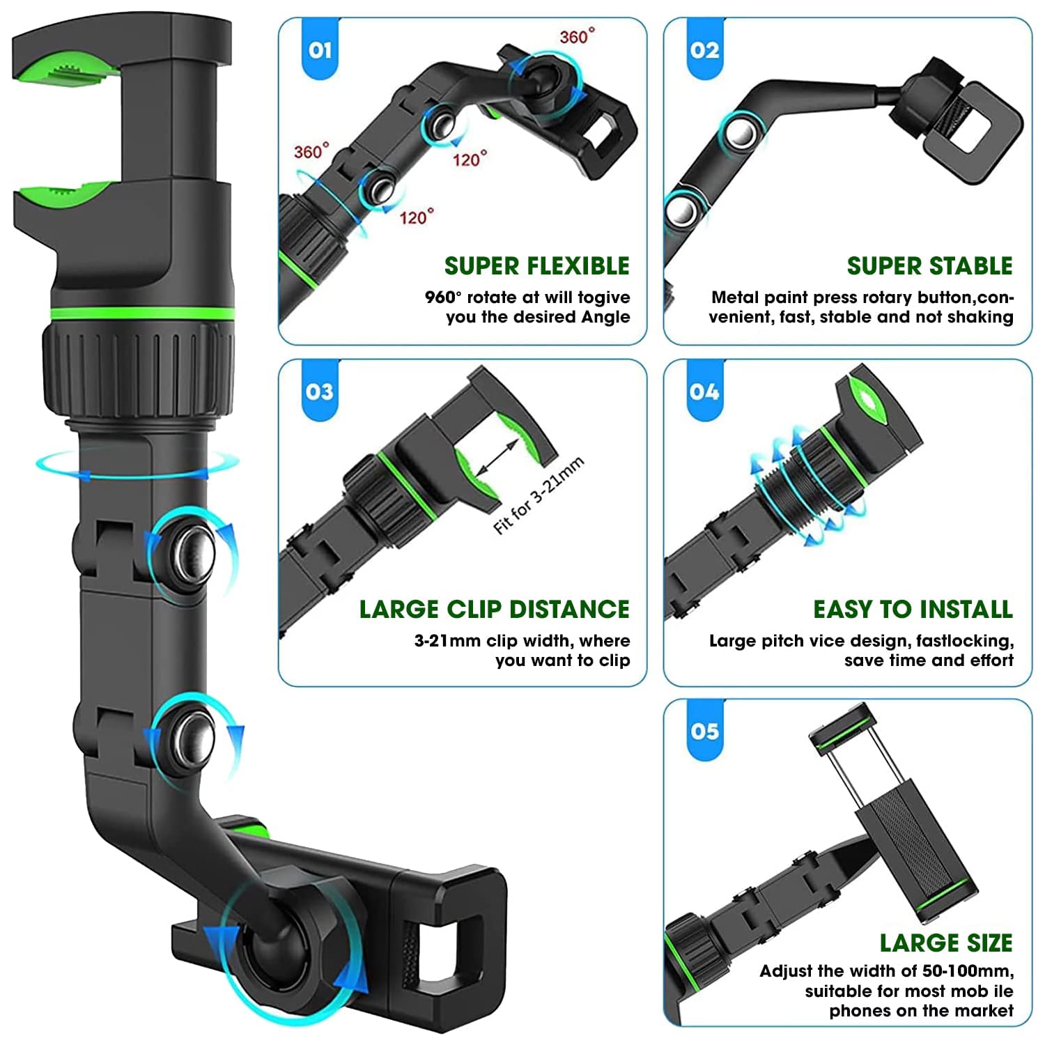 Holdit: Universal Multi-Joint Rearview Mirror Phone Holder, 360° Adjustable Car Mount for Car & Hands-Free Use