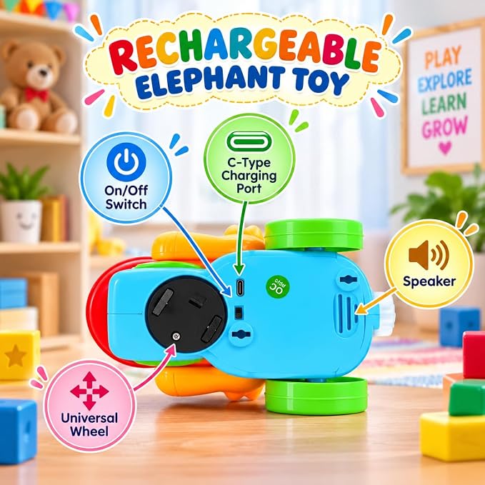 Trunki: Interactive Musical Drumming Elephant Toy with Floating Ball, Mist Spray, Colourful LED Lights, Bump & Go Wheels & Type-C Rechargeable Battery