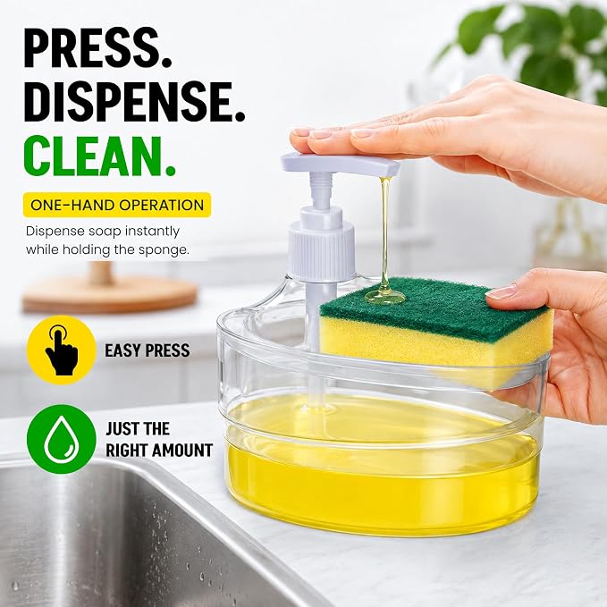 Sopra: Double-Layer Liquid Soap Dispenser with Refillable Pump & Built-In Sponge Holder for Kitchen Sink, Bathroom & Countertop Organisation