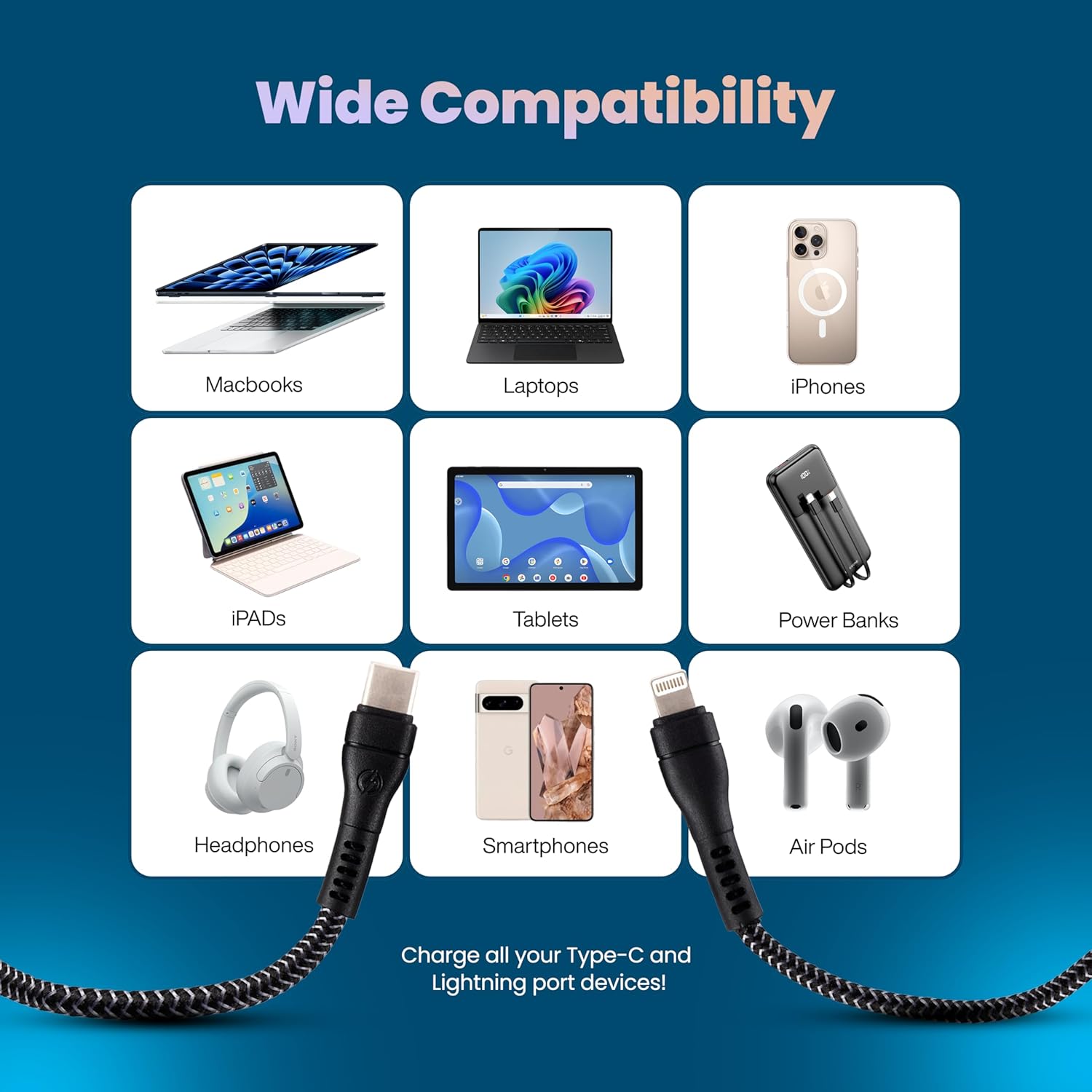 Nextech 3 in 1 Charging Braided Cable with Dual Type-C & Lightning connectors compatible with All Type-C & iPhone, iPad, Macbook & Airpods 1.2M