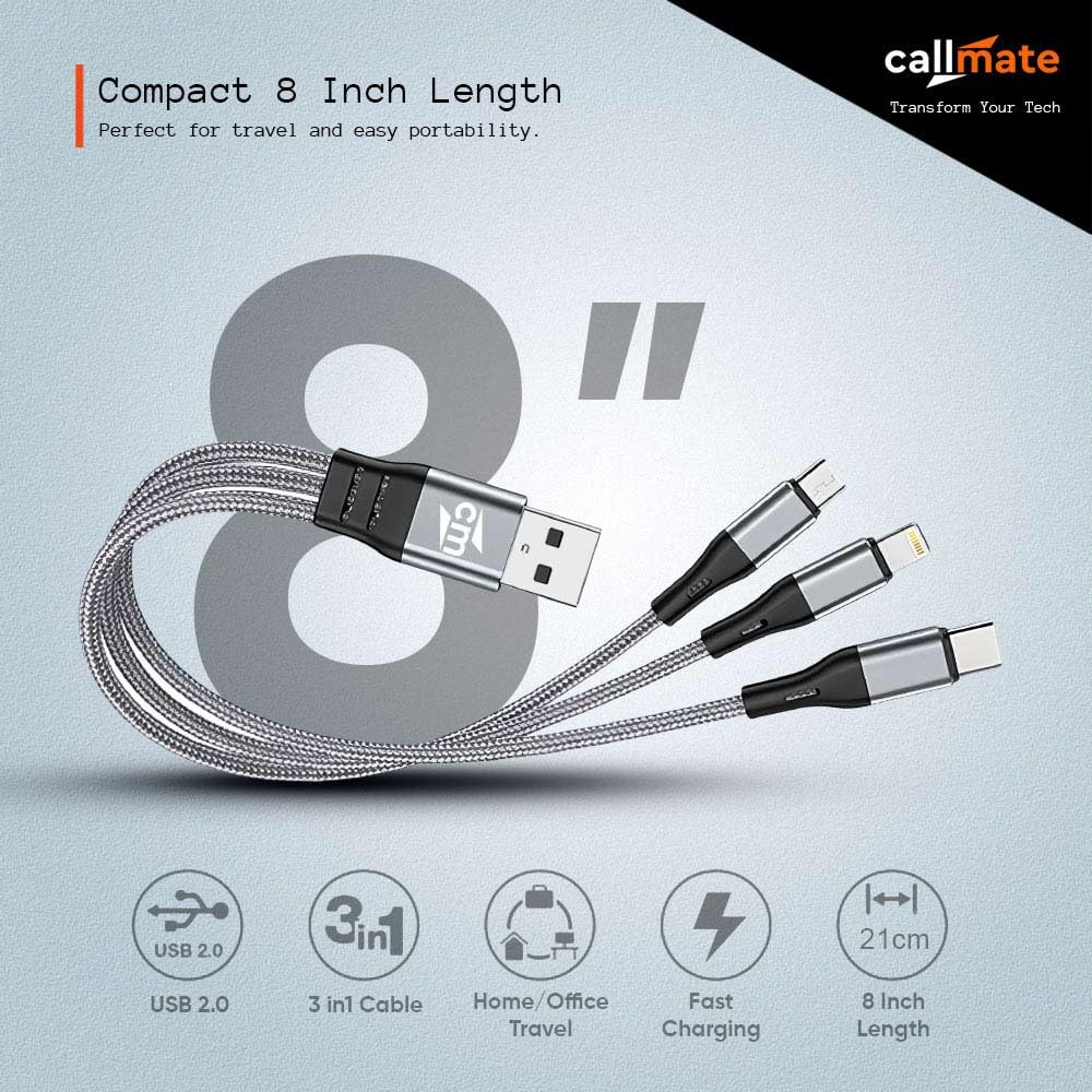 Trippy: 3-in-1 Universal Fast Charging Cable with Lightning, Type-C & Micro-USB – Durable Fabric Multi Charging Cable (21 cm)