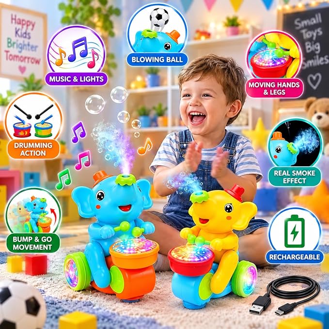 Trunki: Interactive Musical Drumming Elephant Toy with Floating Ball, Mist Spray, Colourful LED Lights, Bump & Go Wheels & Type-C Rechargeable Battery