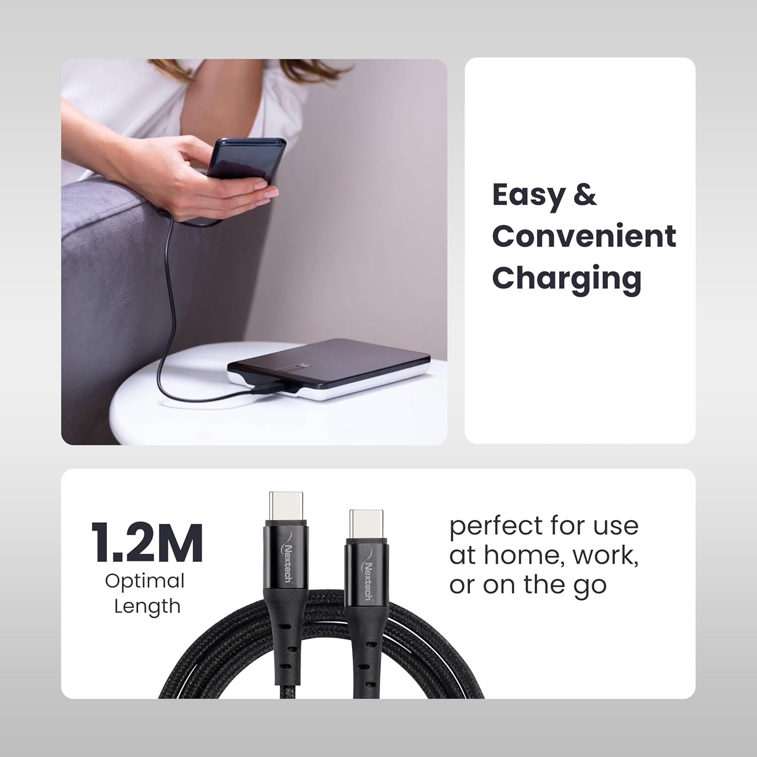 Nextech 65W Type-C to Type-C Braided Fast Sync & Charging Cable Compatiable with Androidphones, iPhones, Laptops 1.2M