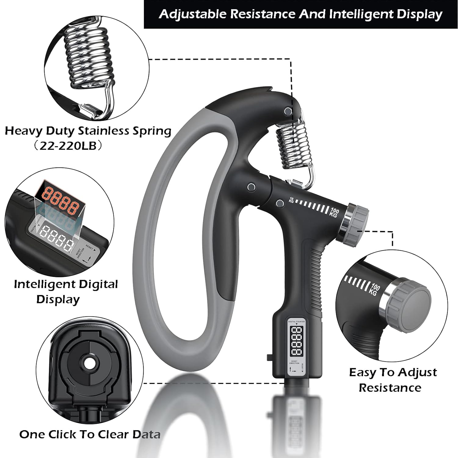 Grippy: Adjustable Hand Grip Strengthener with Built-In Counter, 10kg to 100kg Resistance Trainer for Wrist & Forearm Muscle Building