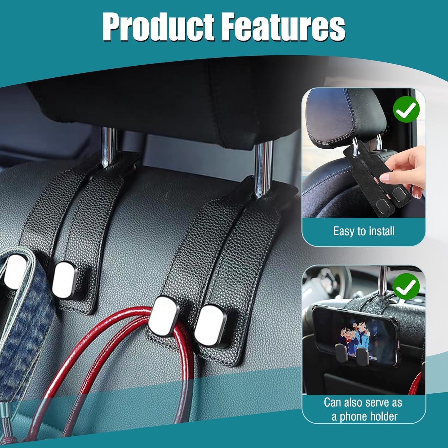 Hooksy: Universal Leather Car Headrest Hooks, Car Seat Back Organizer Hanger for Handbags, Purses, Shopping Bags, Backpacks & Accessories (Pack of 2)