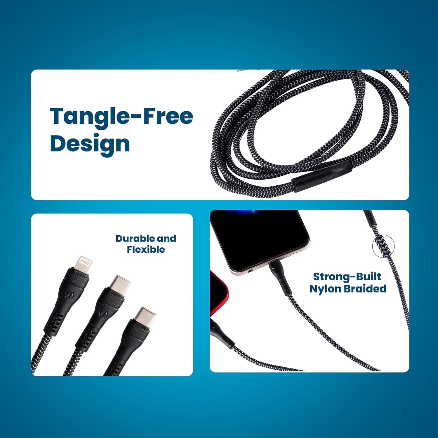 Nextech 3 in 1 Charging Braided Cable with Dual Type-C & Lightning connectors compatible with All Type-C & iPhone, iPad, Macbook & Airpods 1.2M