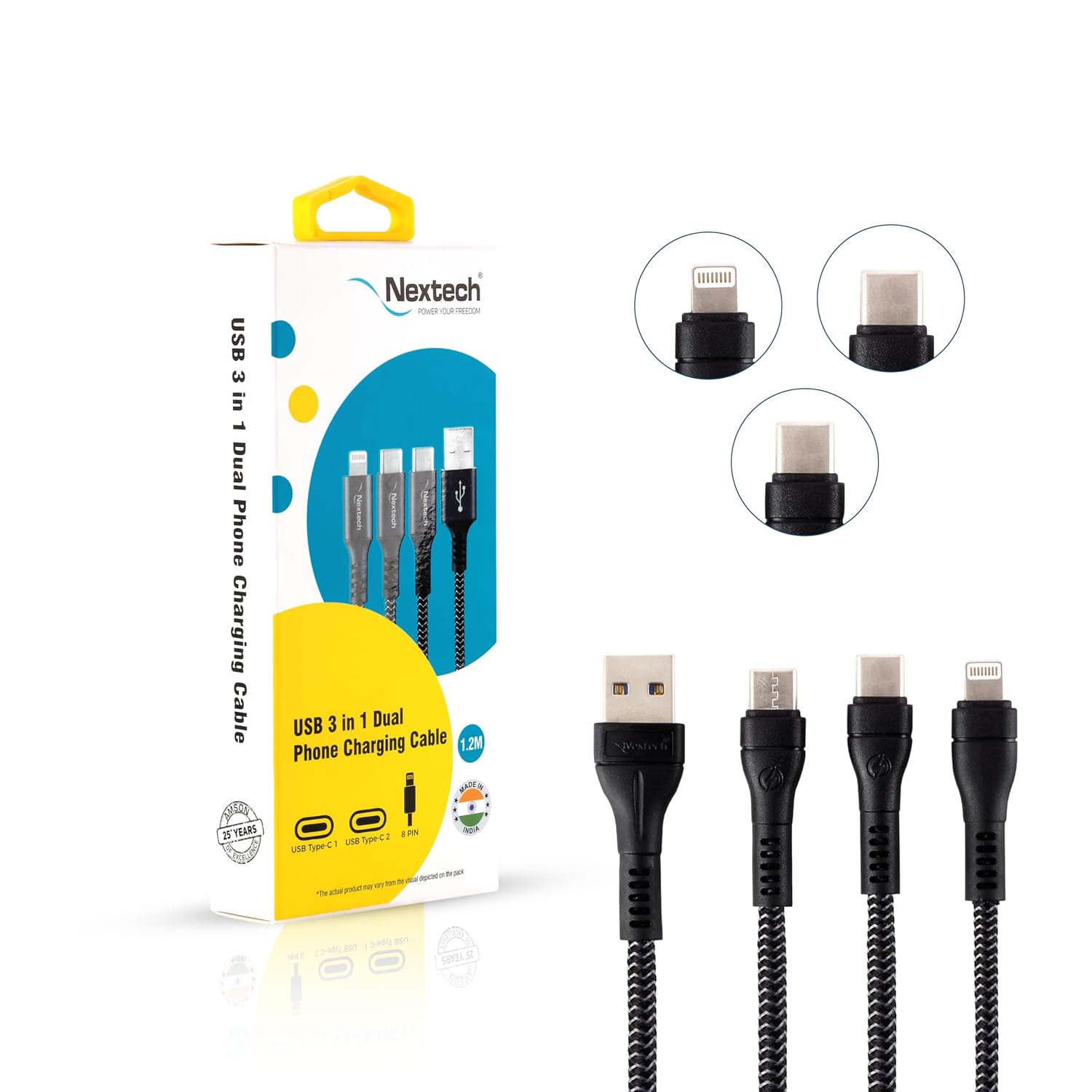 Nextech 3 in 1 Charging Braided Cable with Dual Type-C & Lightning connectors compatible with All Type-C & iPhone, iPad, Macbook & Airpods 1.2M