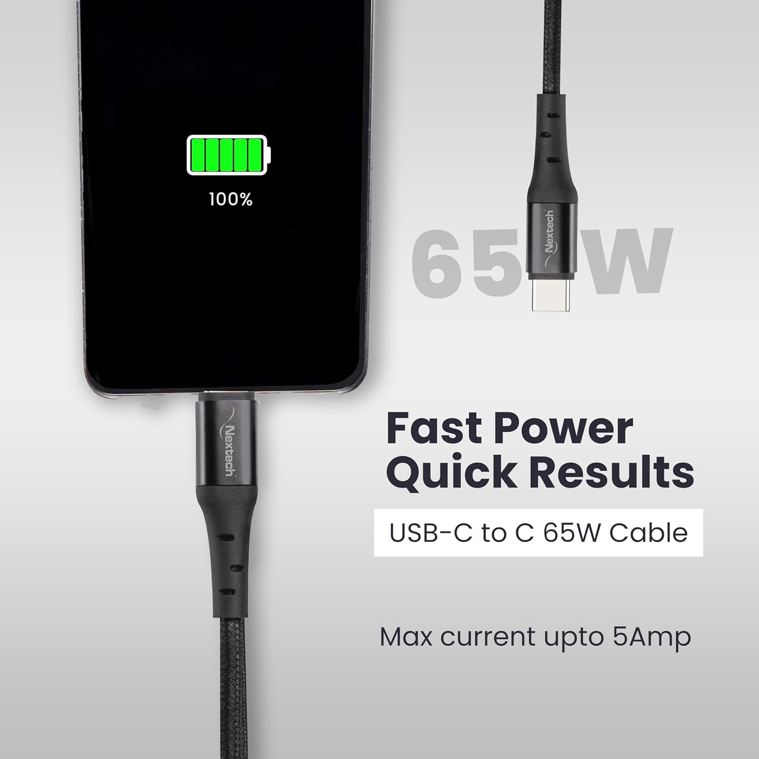 Nextech 65W Type-C to Type-C Braided Fast Sync & Charging Cable Compatiable with Androidphones, iPhones, Laptops 1.2M