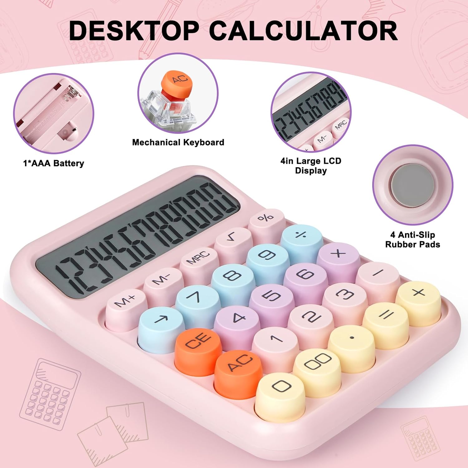 Pastel: Cute & Quirky Aesthetic Calculator with 12-Digit Display, Large Buttons & Pastel Color Design for Office & Students