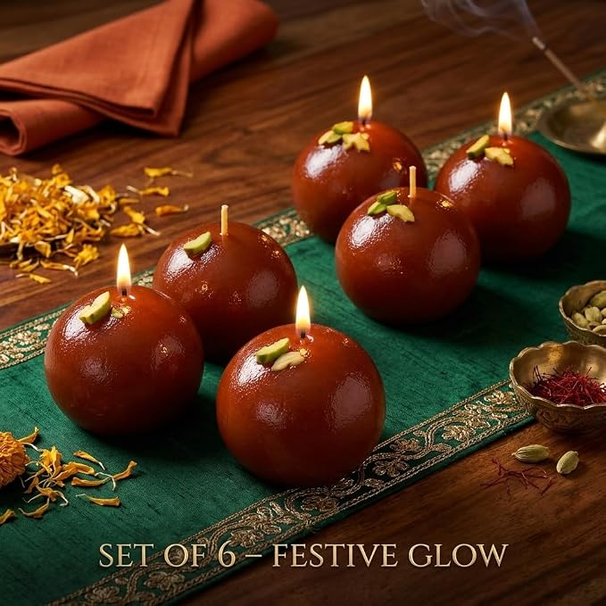 Jamun: Gulab Jamun Shaped Decorative Candles for Diwali Décor, Home Decoration & Festive Gifting, Sweet Mithai Style Candles (Pack of 6)