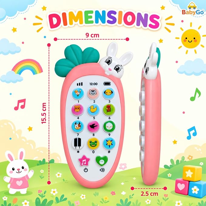 Rabi: Cute Rabbit-Shaped Pretend Play Toy Phone with 20 Musical Songs, Animal Sound Ringtones, Lights & Interactive Buttons for Kids & Toddlers