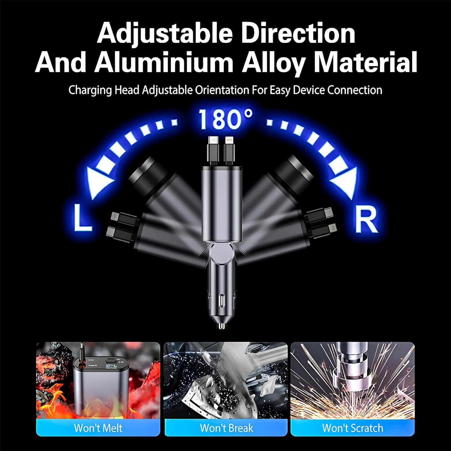 Terminal: 120W 4-in-1 Retractable Car Charger with Voltmeter, QC & PD Fast Charging, Dual USB Ports & Built-In Type-C + Lightning Cables