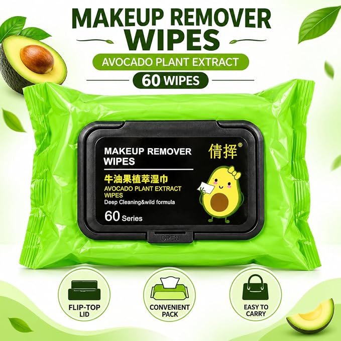 Avora: Avocado Extract Makeup Remover & Facial Cleansing Wet Wipes with Flip-Top Lid for Gentle Skin Cleansing, Hydration, Daily Makeup Removal & Travel Use