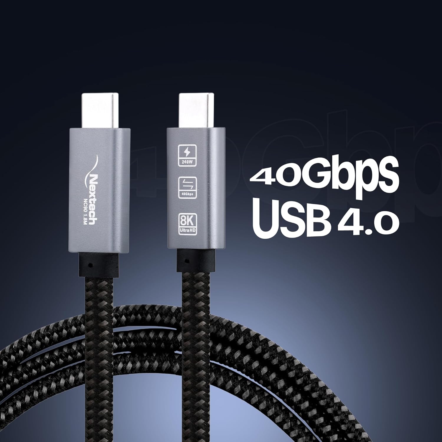 Nextech USB-C to USB-C Thunderbolt 4 / USB4 Cable 240W PD, 40Gbps Data Transfer, 8K@60Hz Video Support, E-Marker Smart Chip, Type-C Fast Charging Cable for MacBook, iPhone, iPad, Galaxy, Laptops & SSD