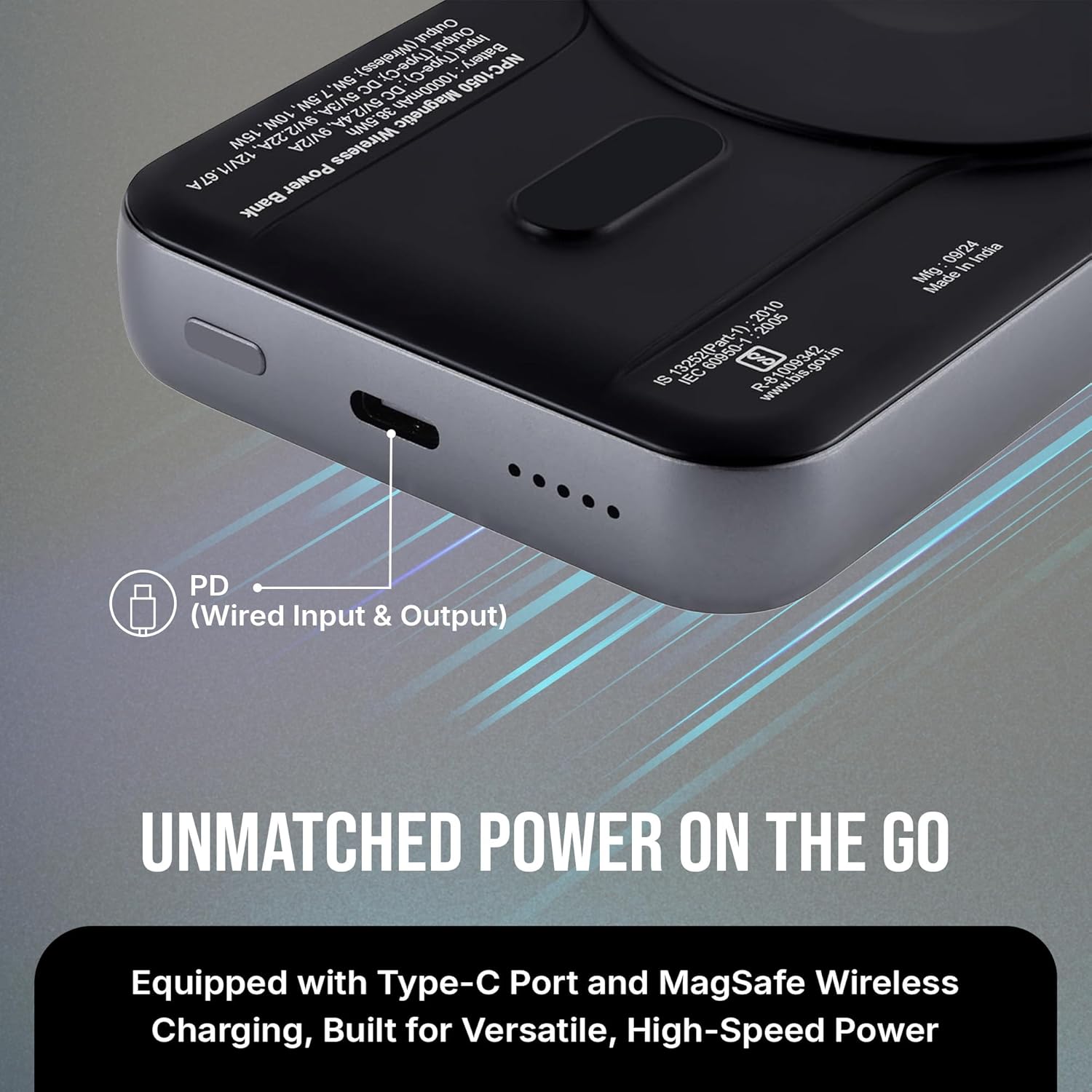 Nextech MagNxt | 10,000mAh Wireless Rapid Charge | Type-C PD | 22.5W Output | Compact, Sleek | 15W Magnetic Charging | LED Indicator | Compatible with iPhone 12 & Qi | Metalic Grey