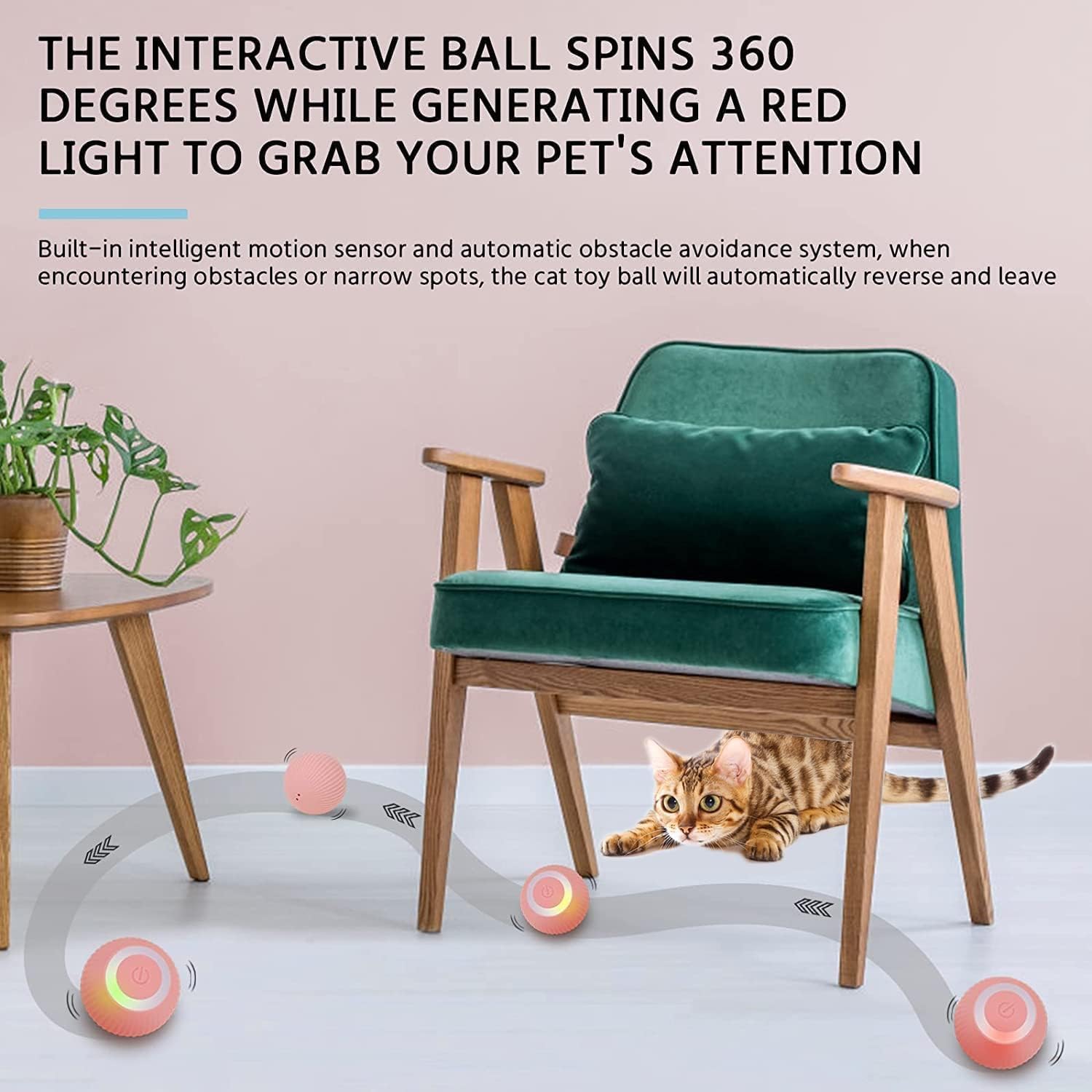 Pounce: Interactive LED Cat Toy Ball with 360° Rotating Motion, Smart Obstacle Avoidance & Rechargeable Design