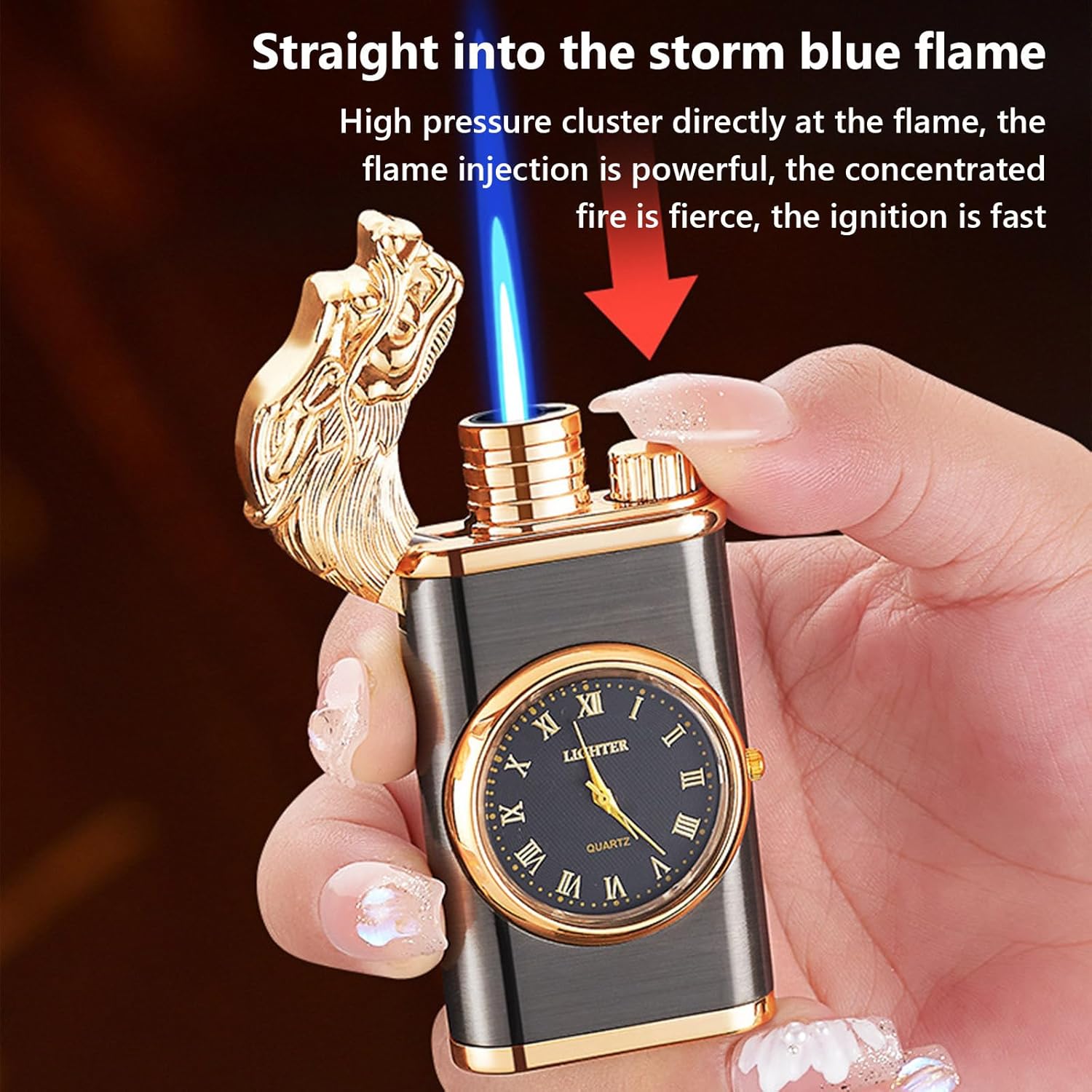 Draco: Windproof Dual Flame Refillable Lighter with Built-in Watch, Dragon Embossed Design & Bold Metal Finish for Collectors & Gifting