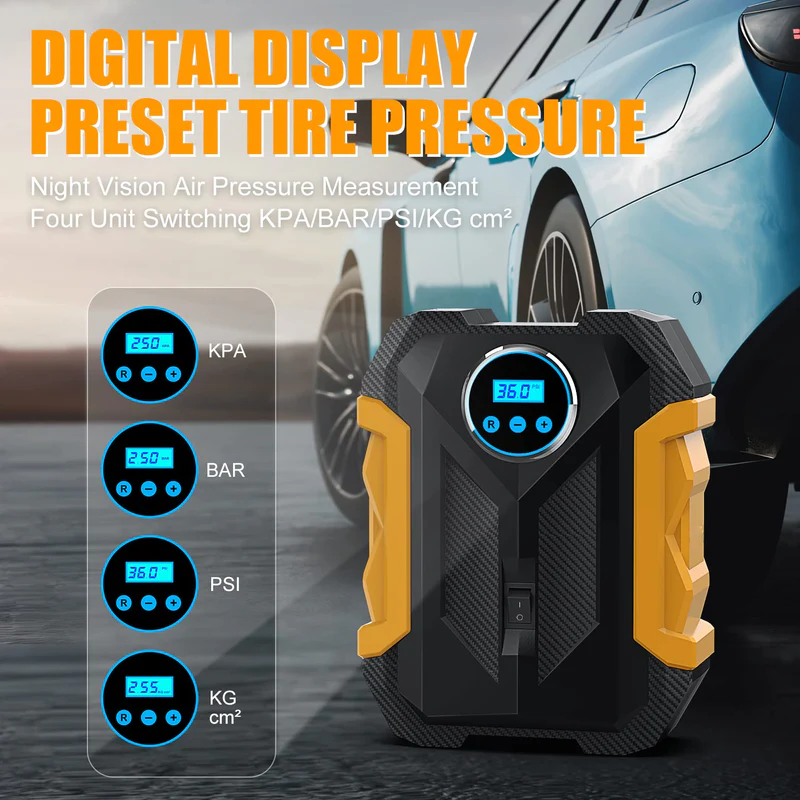 TireSOS: High-Quality Portable Digital Car Tyre Inflator with LED Light & 150PSI Auto Pump for Cars, Bikes & More