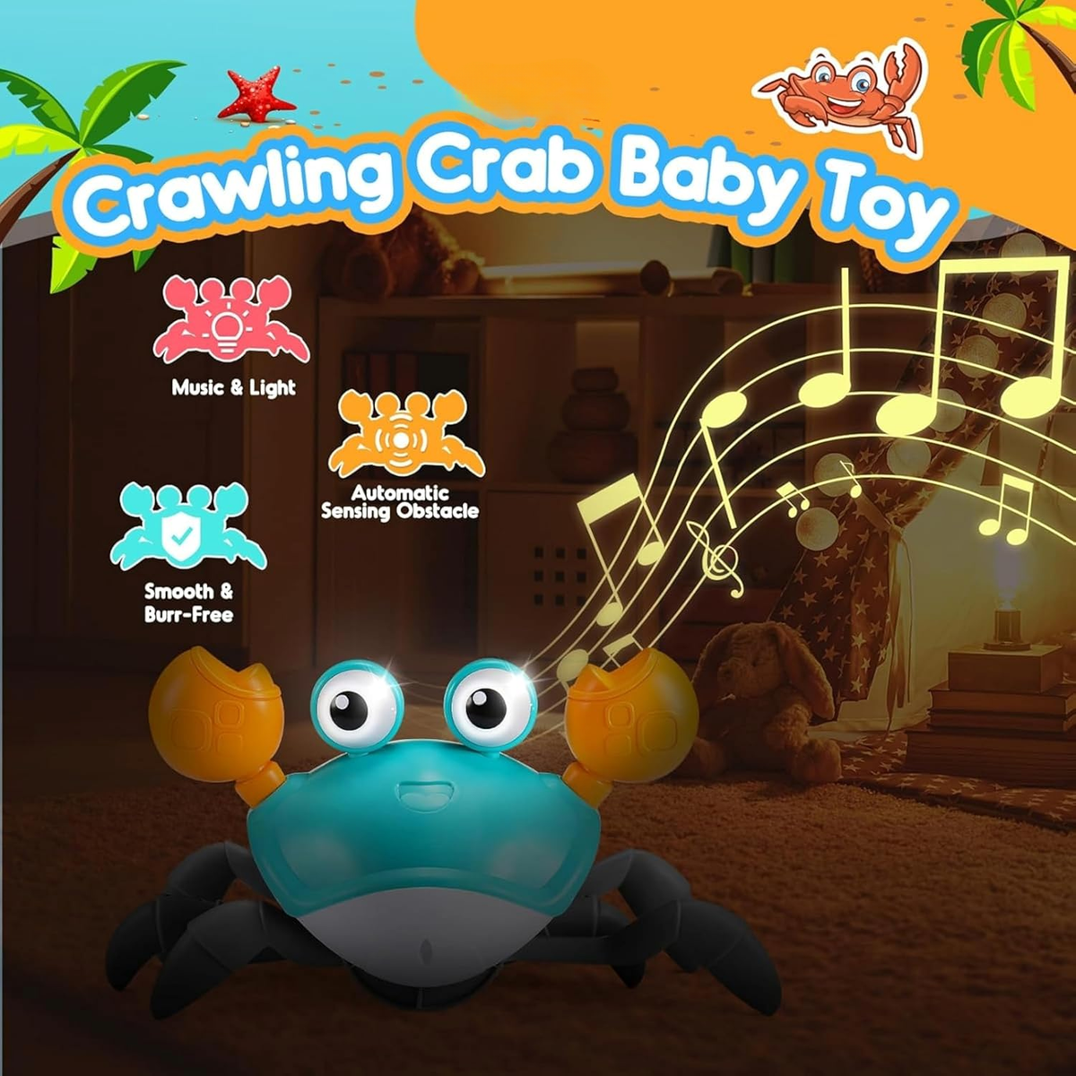 Crabby: Interactive Electric Crawling Crab Toy with Smart Obstacle Avoidance Sensor, Music, LED Lights & USB Rechargeable Battery, Moving Dancing Toy for Kids & Toddlers