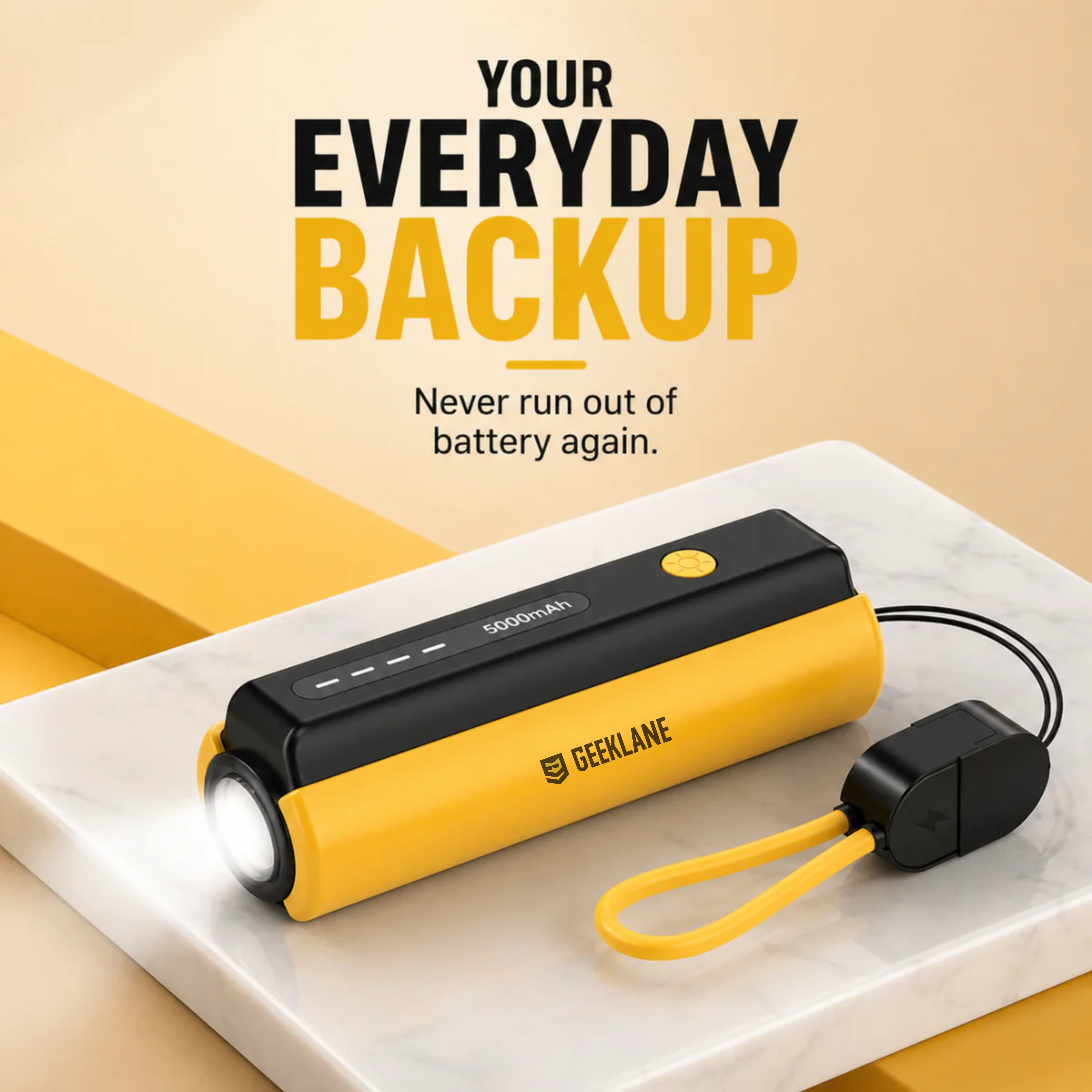 Pico: 5000mAh Mini Pocket Power Bank with Built-In Lanyard Type-C Cable, Torch & Fast Charging