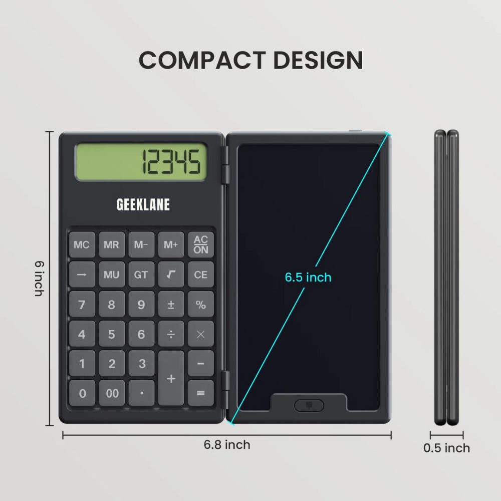 DigiFold:  2-in-1 Foldable Calculator & LCD Writing Pad – 12-Digit Pocket Calculator with 6.5-Inch Screen & Stylus for Office, School & On-the-Go Use