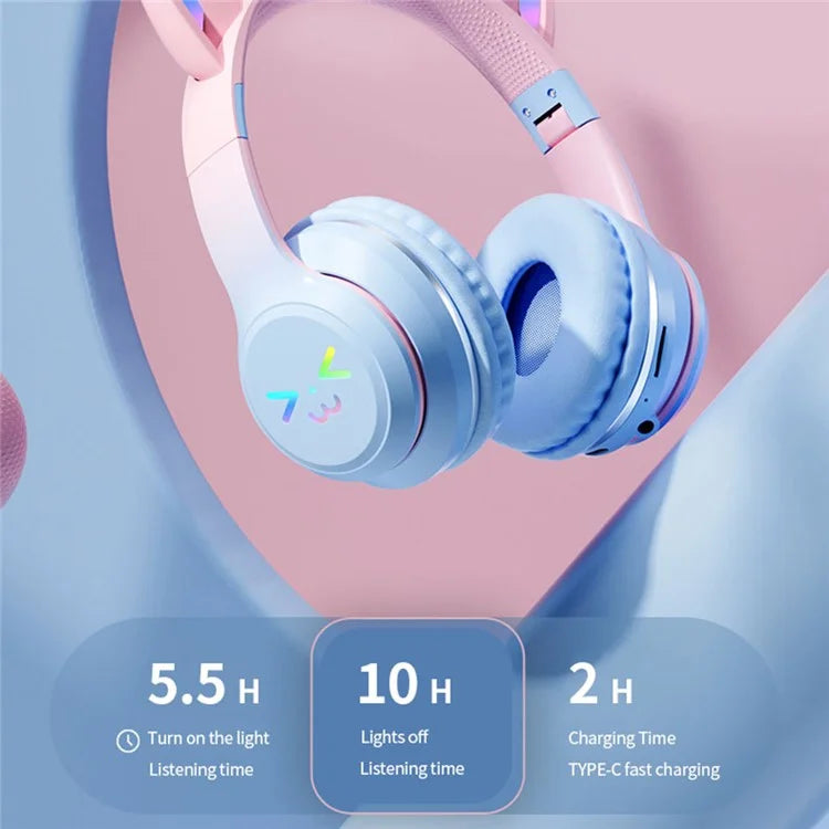 KittyHead: Wireless Cat Ear Headset with RGB LED Lights, Foldable Design headphone for PC, Tablet & Mobile