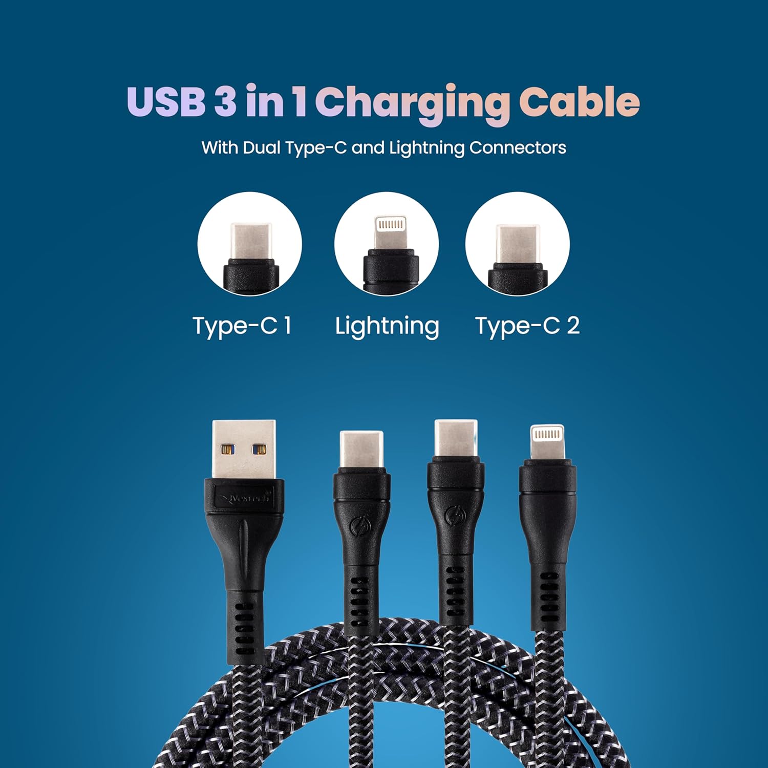 Nextech 3 in 1 Charging Braided Cable with Dual Type-C & Lightning connectors compatible with All Type-C & iPhone, iPad, Macbook & Airpods 1.2M