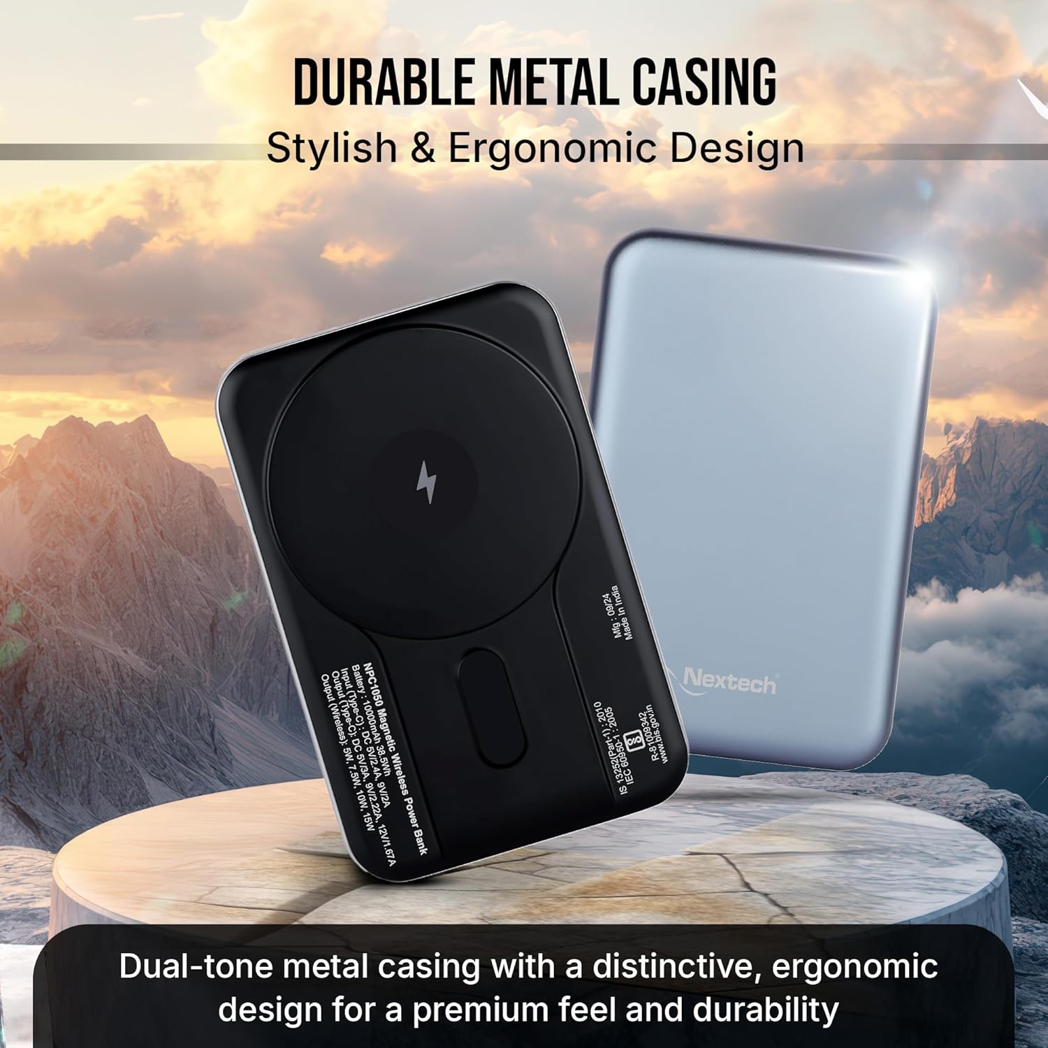 Nextech MagNxt | 10,000mAh Wireless Rapid Charge | Type-C PD | 22.5W Output | Compact, Sleek | 15W Magnetic Charging | LED Indicator | Compatible with iPhone 12 & Qi Devices | Metallic Blue