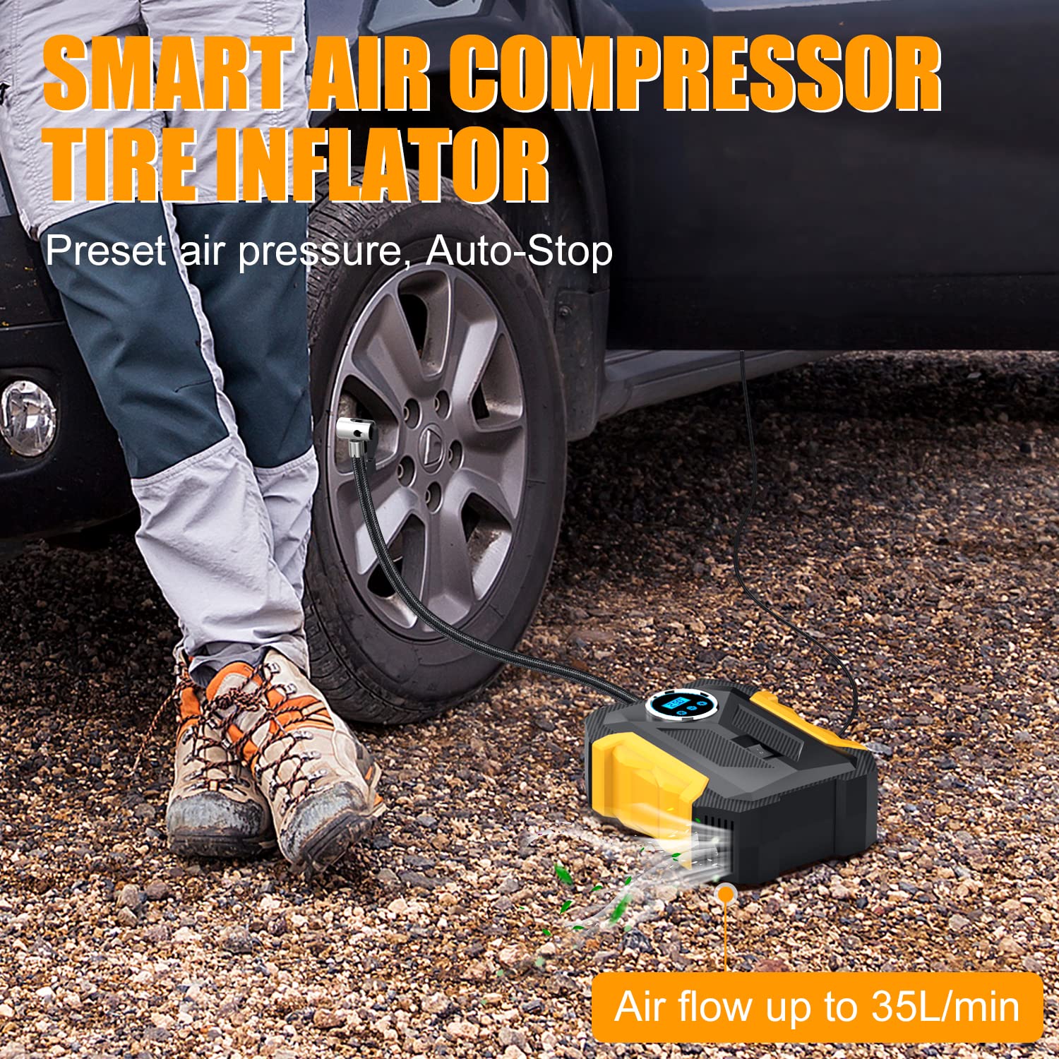 TireSOS: High-Quality Portable Digital Car Tyre Inflator with LED Light & 150PSI Auto Pump for Cars, Bikes & More