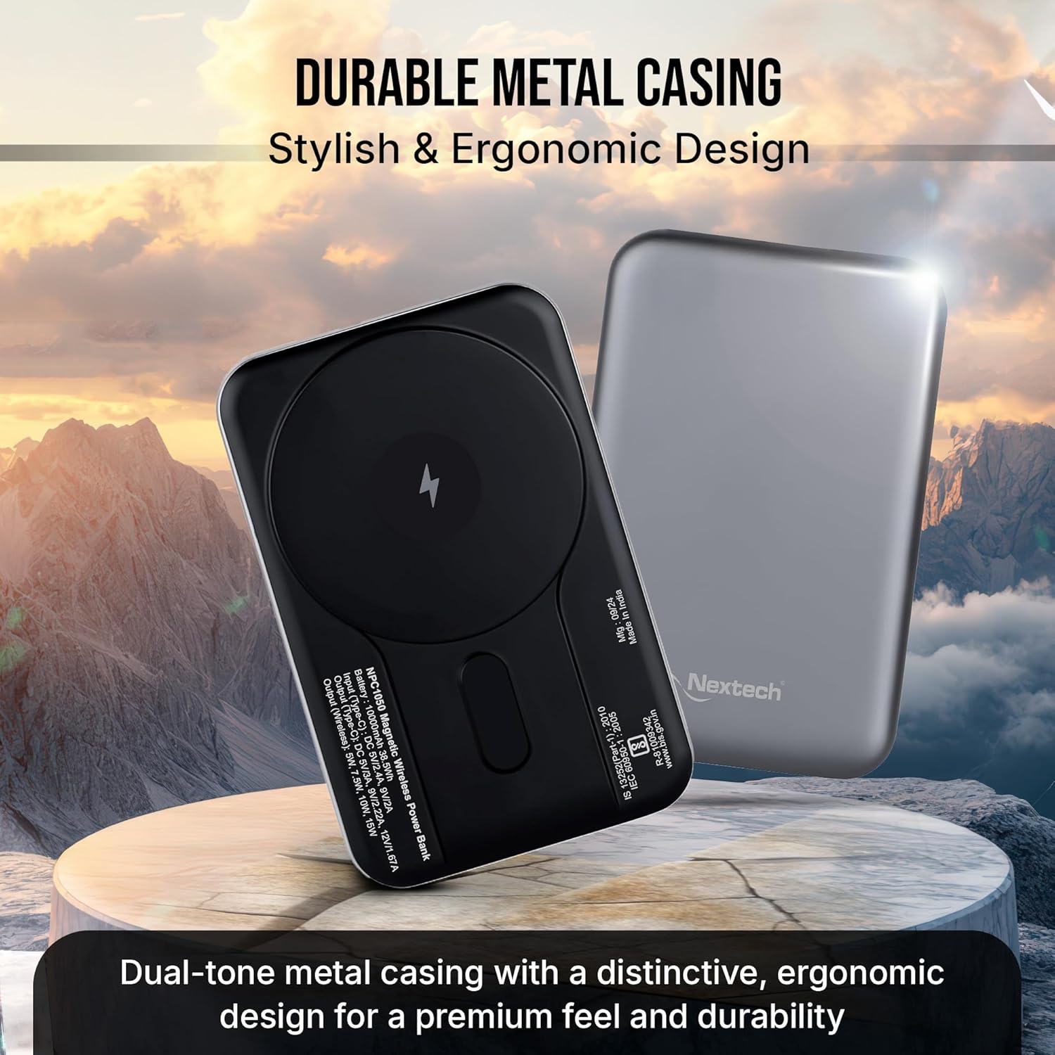 Nextech MagNxt | 10,000mAh Wireless Rapid Charge | Type-C PD | 22.5W Output | Compact, Sleek | 15W Magnetic Charging | LED Indicator | Compatible with iPhone 12 & Qi | Metalic Grey