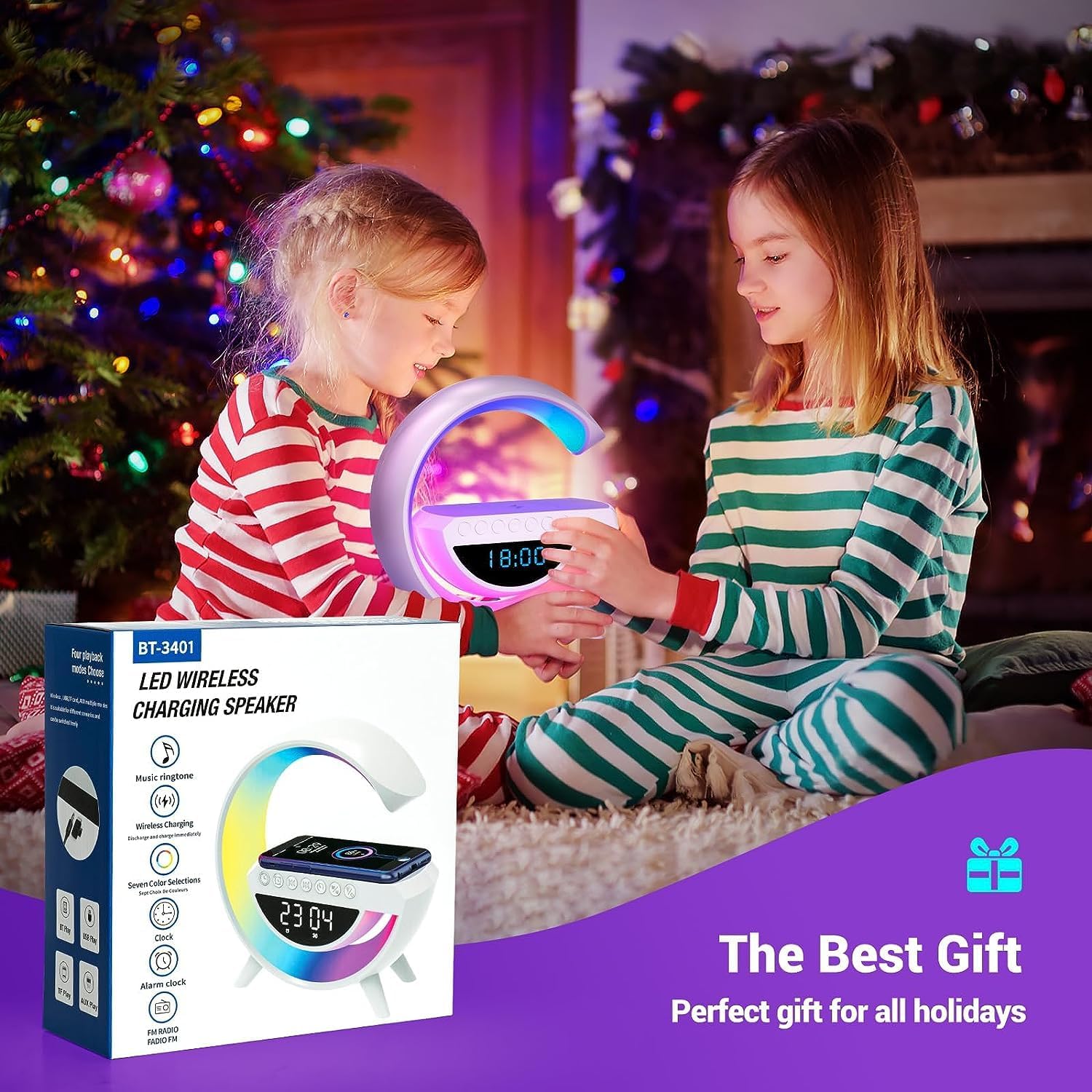 Gooble: Full Size G-Shaped RGB Atmosphere Lamp with 15W Wireless Charger, Bluetooth Speaker, Clock & Interactive Desk Light for Bedside & Room Décor