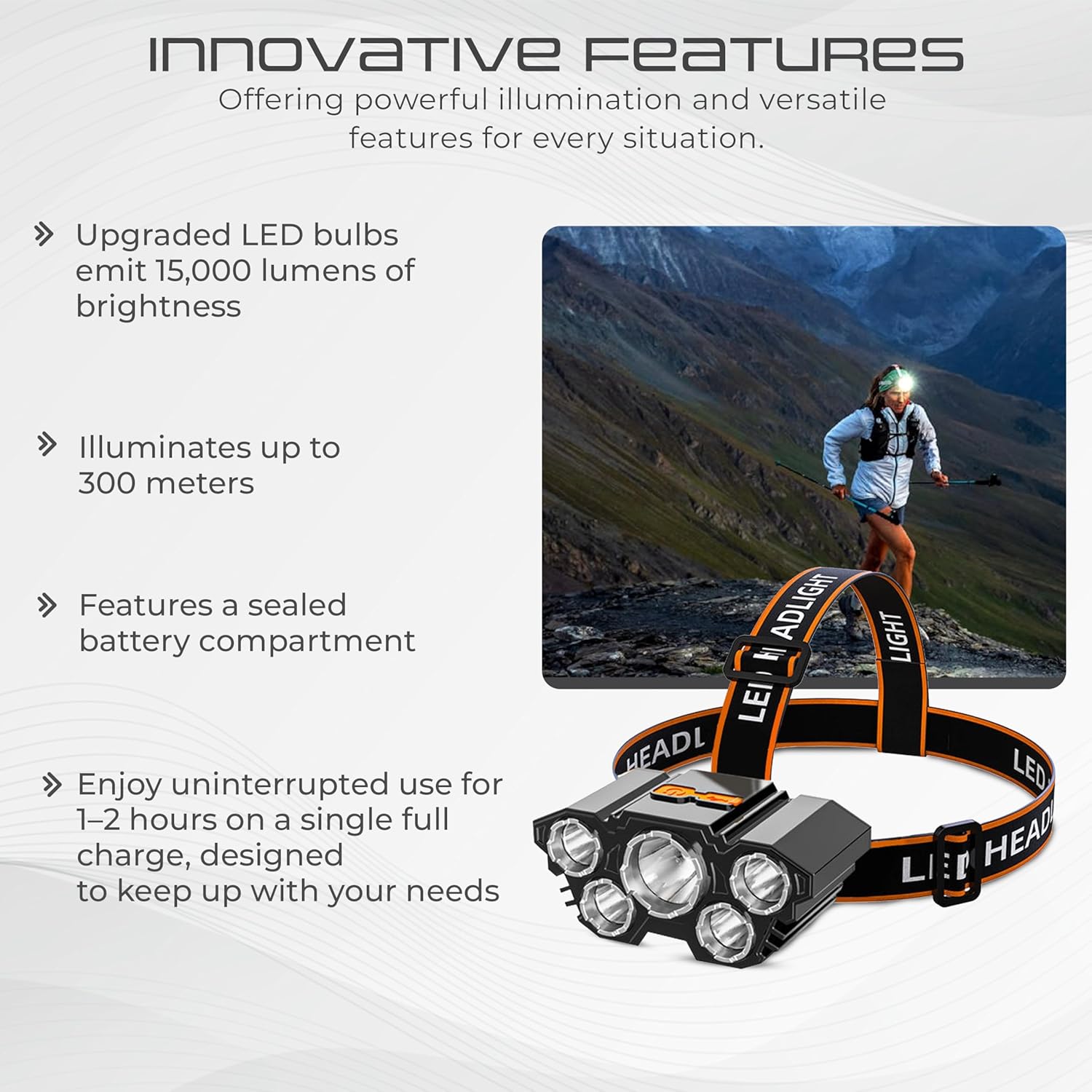 HeadWay: Rechargeable LED Headlamp, 15,000 Lumens Brightness with Adjustable Elastic Band, USB Charging & Waterproof Design for Adventures, Camping & DIY Work