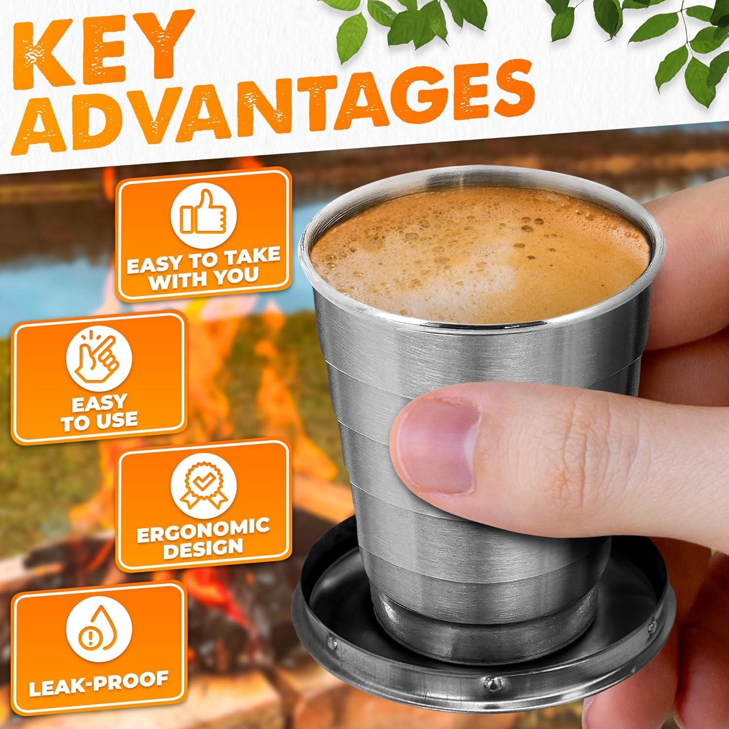 FoldyCup: Stainless Steel Folding Travel Cup with Leak-Proof Lid, Compact & Collapsible Pocket Mug for Camping, Hiking, Trekking & Outdoor Use (75ml)