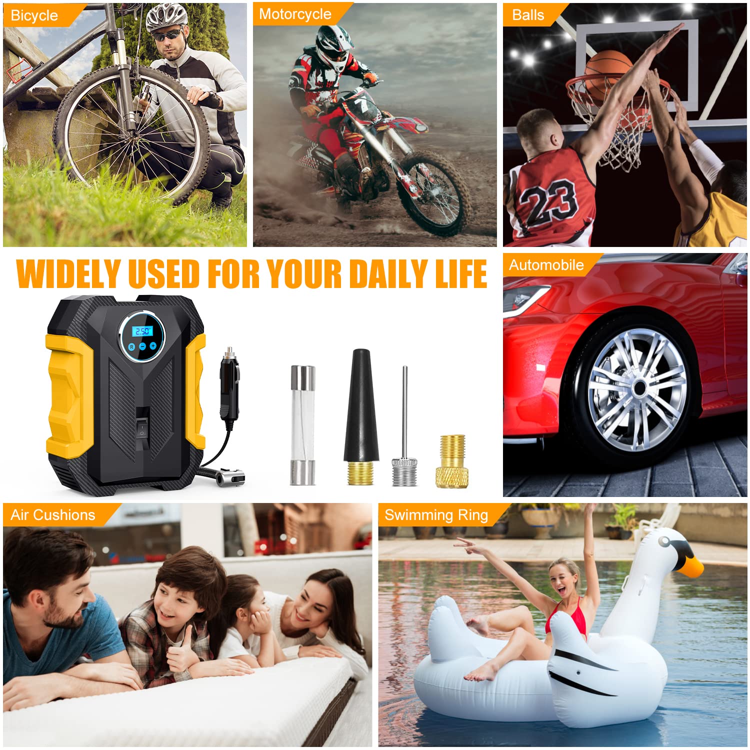 TireSOS: High-Quality Portable Digital Car Tyre Inflator with LED Light & 150PSI Auto Pump for Cars, Bikes & More
