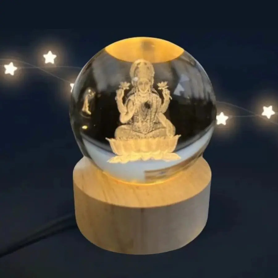 Laxmi: 3D LED Laxmi Ji Crystal Ball Night Lamp with USB-Powered Glow & Wooden Base for Mandir, Home & Office Décor